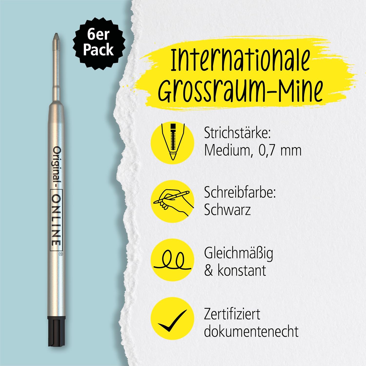 Detalle 2 de ONLINE 6 Kugelschreiberminen schwarz im G2-Format (Strichstärke M) – Standard Großraummine für viele Kulis