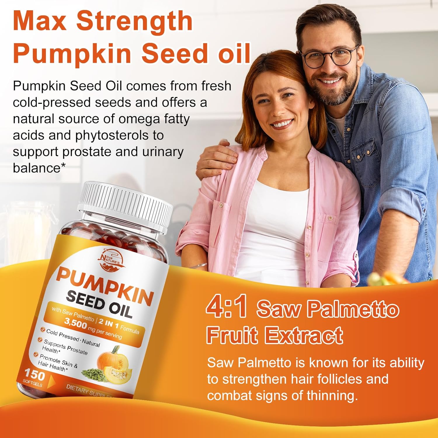 Detalle 1 de Nature's live Pumpkin Seed Oil with Saw Palmetto Softgels, 3,500 mg