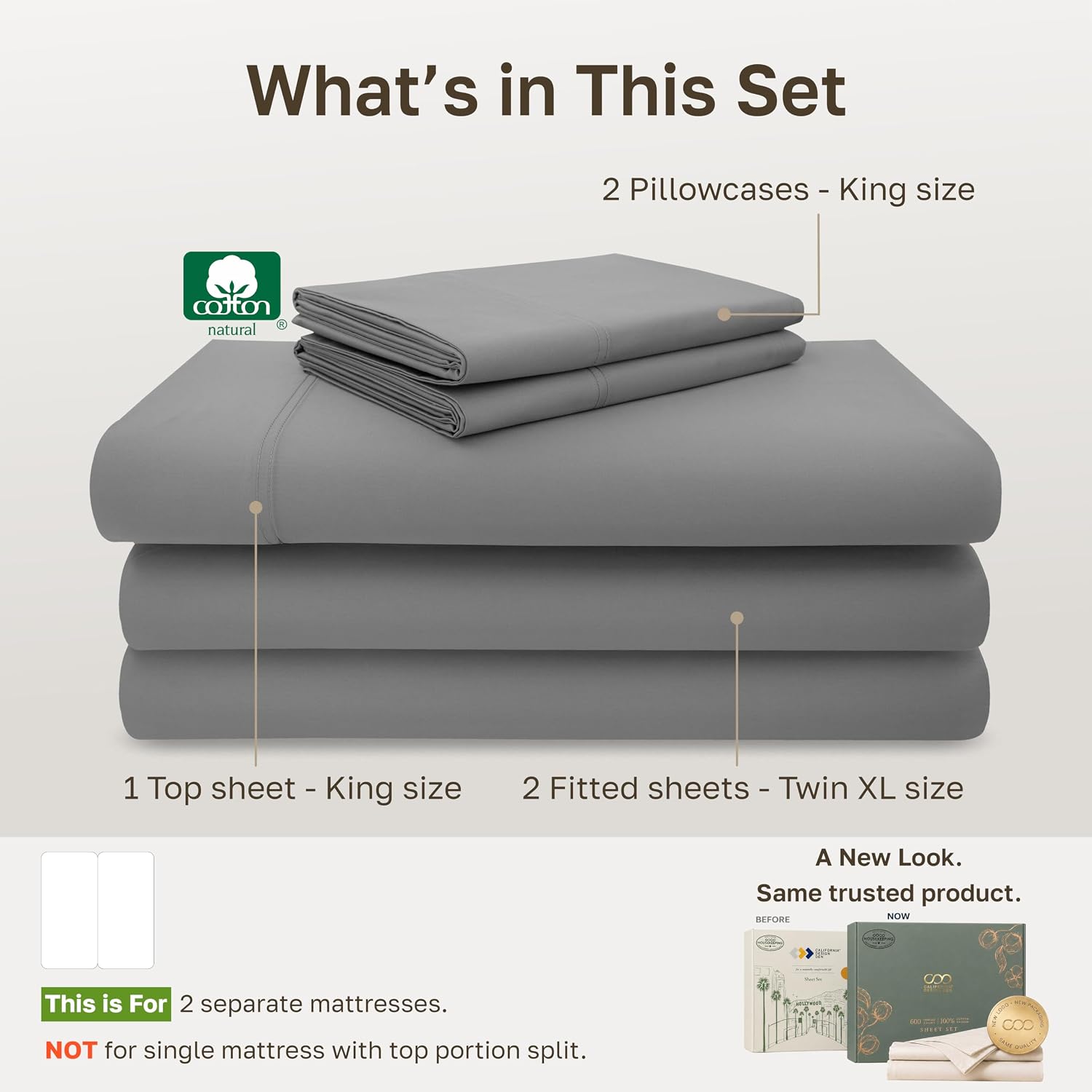 Detalle 2 de California Design Den 840307158499 Split King Sheet Set, 600-Thread-Count Cotton Sateen, Mist Gray