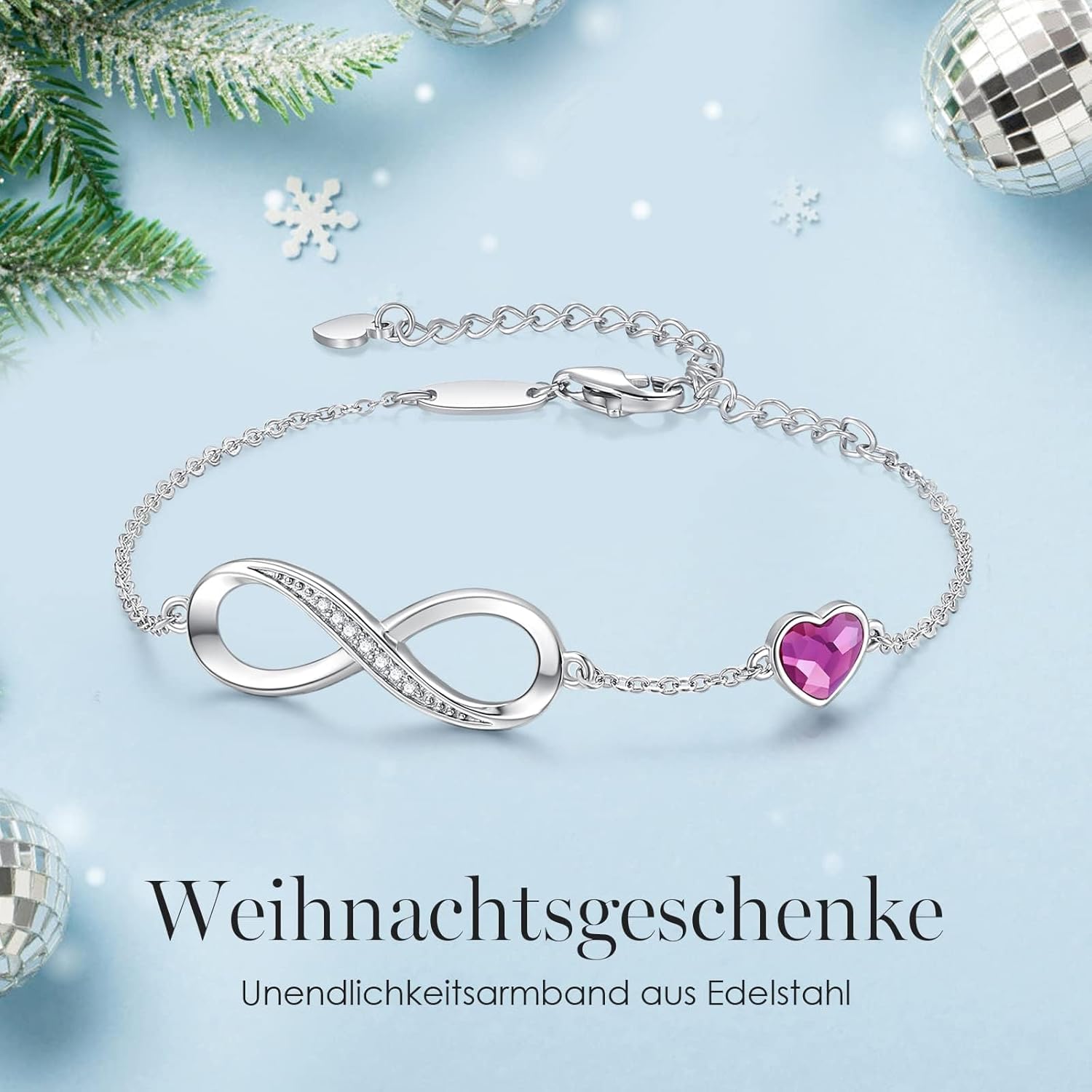 Thumbnail 1 de Infinity Armband für Damen mit Herz-Anhänger, 925 Sterling Silber Roségold – verstellbar mit Kristallen