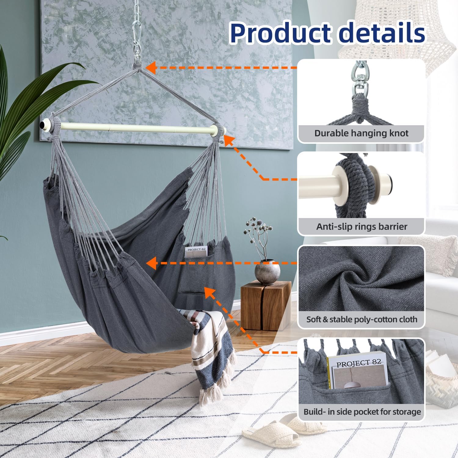 Detalle de Ohuhu XL Hanging Chair Cotton Hammock Swing with Support Bar, Dark Grey (up to 150kg)