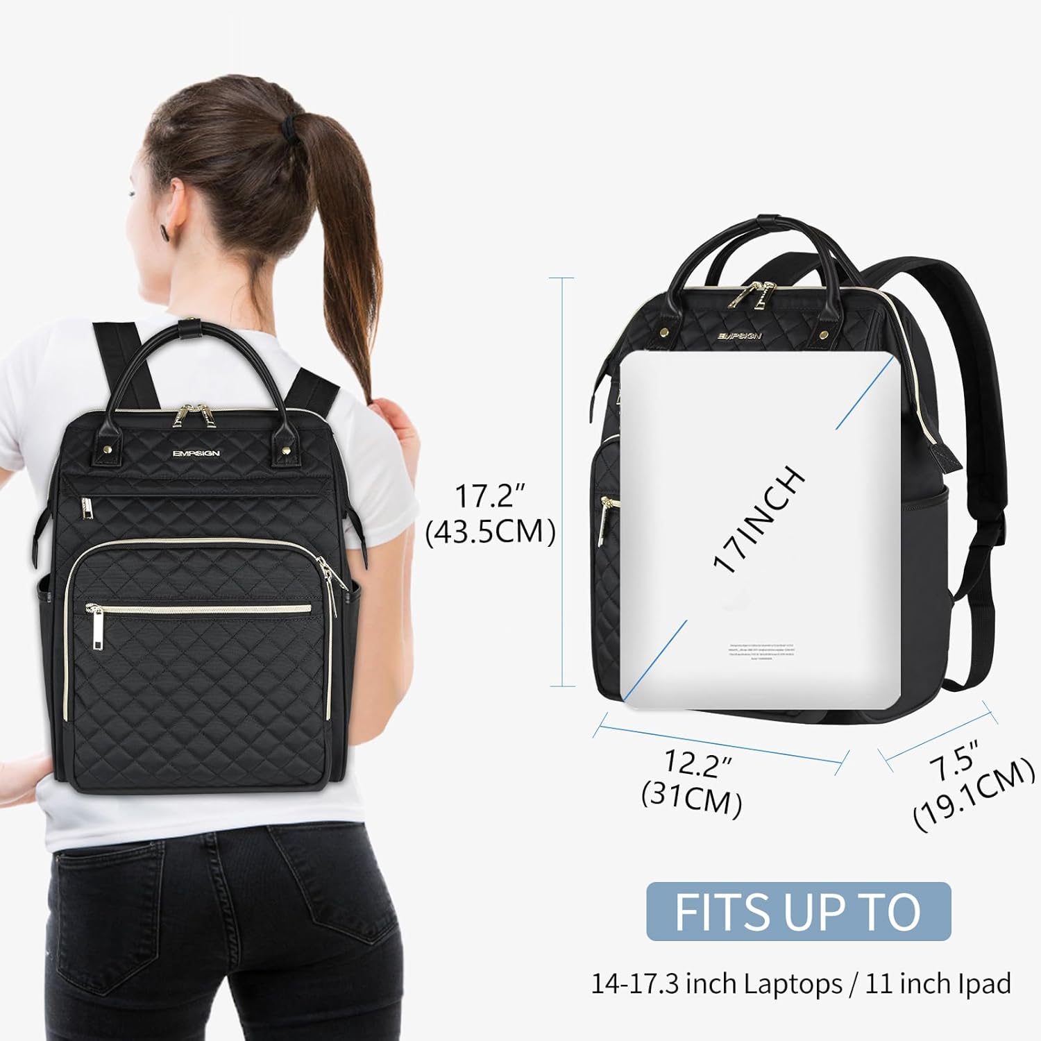Detalle de EMPSIGN Laptop Rucksack Damen 17.3 Zoll – Wasserdicht, Elegant & Vielseitig