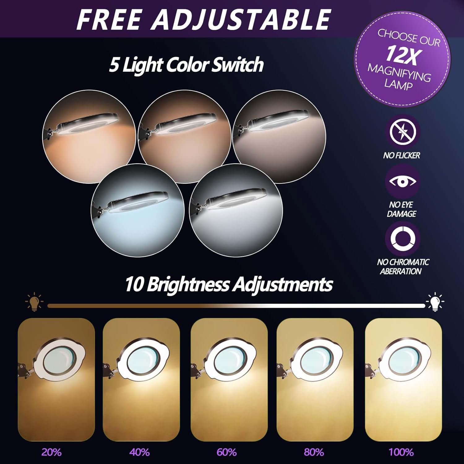 Thumbnail 3 de 12x Magnifying Glass with Light & Stand/Clamp (84 LED) – 4.3-inch real glass lens, adjustable arm