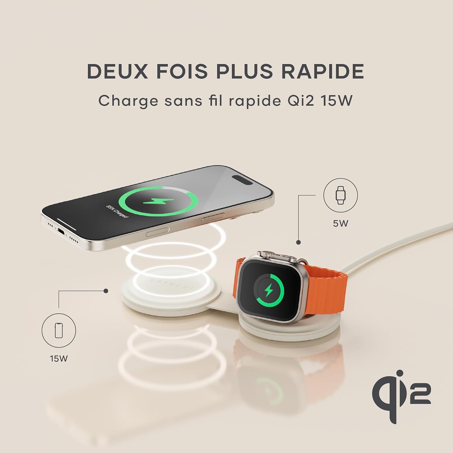 Detalle de Satechi OntheGo™ Chargeur Induction 2 en 1 Qi2 pliable (Beige) – iPhone & Apple Watch