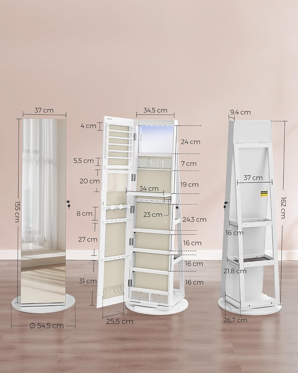 Detalle 1 de SONGMICS BERIT JJC007W02 sieradenkast met spiegel, 360° draaibaar en afsluitbaar