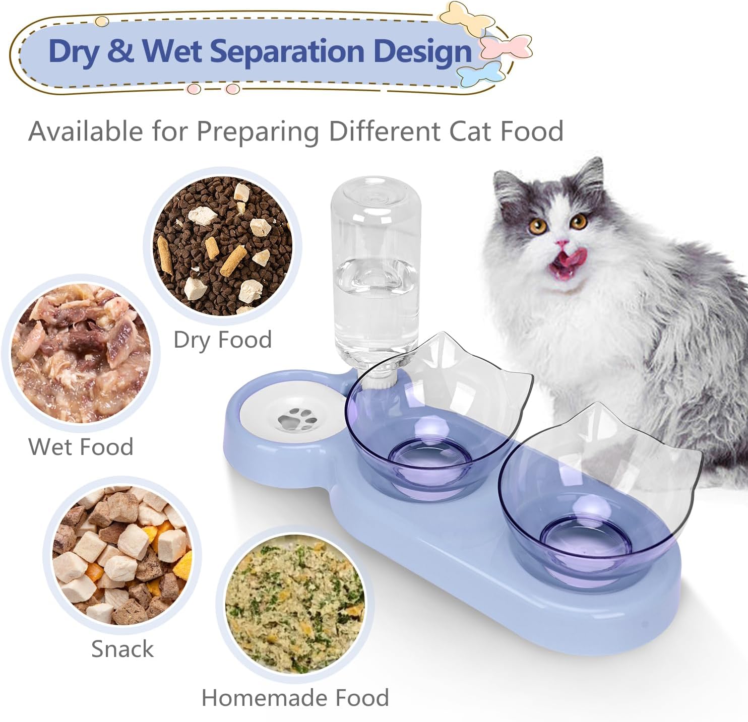 Detalle de Tilted 15° Cat Bowl with Stand – Detachable Dual Food Bowls and Gravity Water Feeder (Blue)