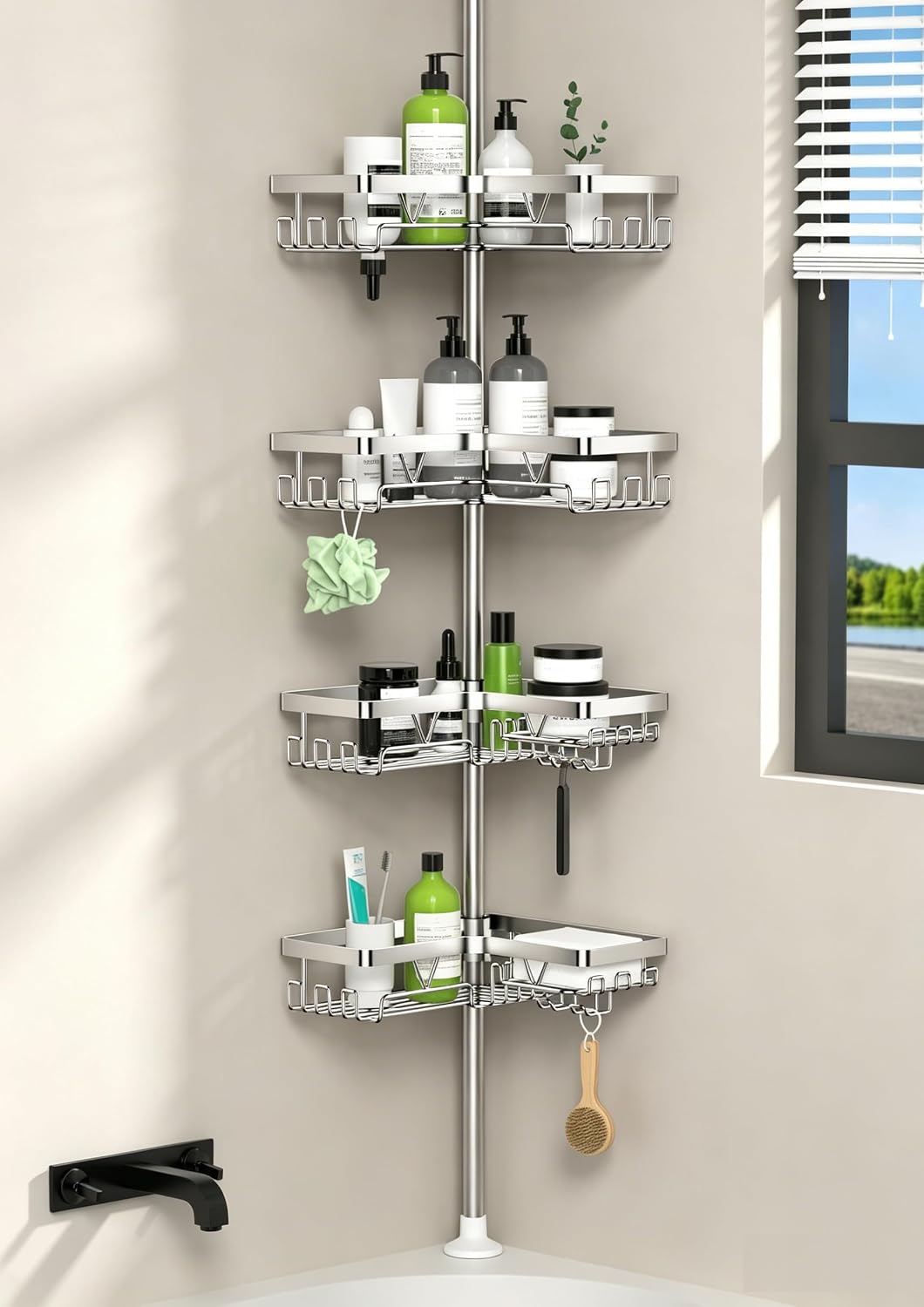 Detalle de Kegii Telescopic Shower Caddy Corner Storage with 4 Baskets (No-drill) – Silver