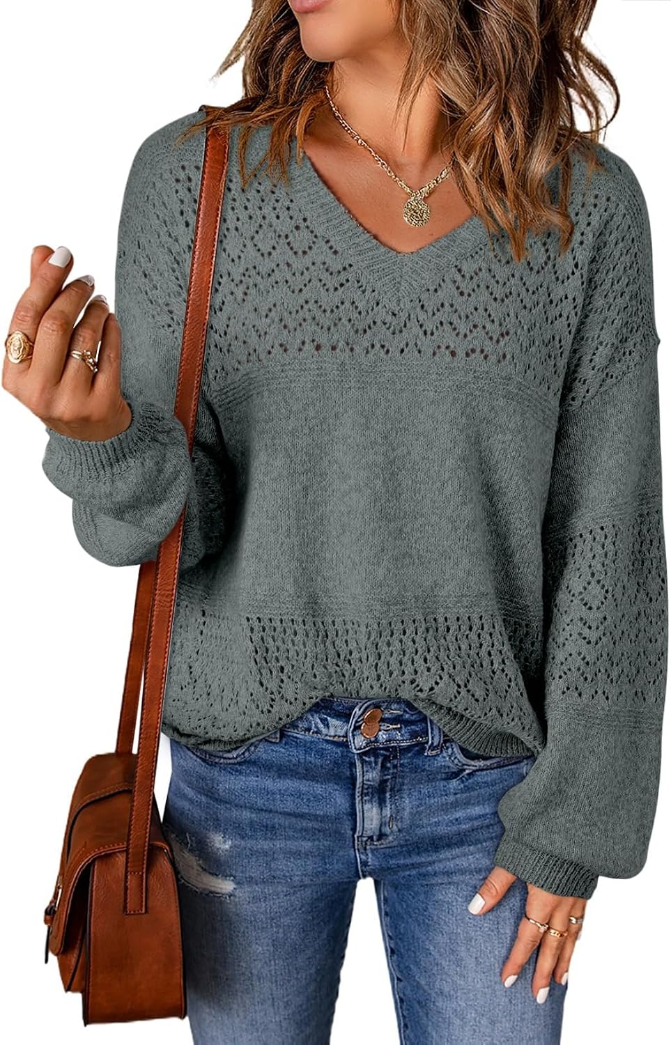 Thumbnail 5 de SHEWIN Women's Crochet V‑Neck Lightweight Sweater