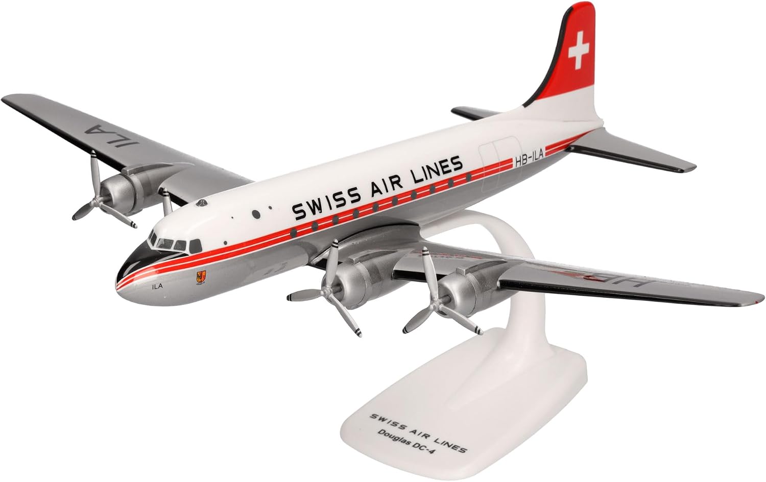 Detalle de Herpa Swissair Douglas DC-4 – model samolotu SnapFit 1:125 z podstawką