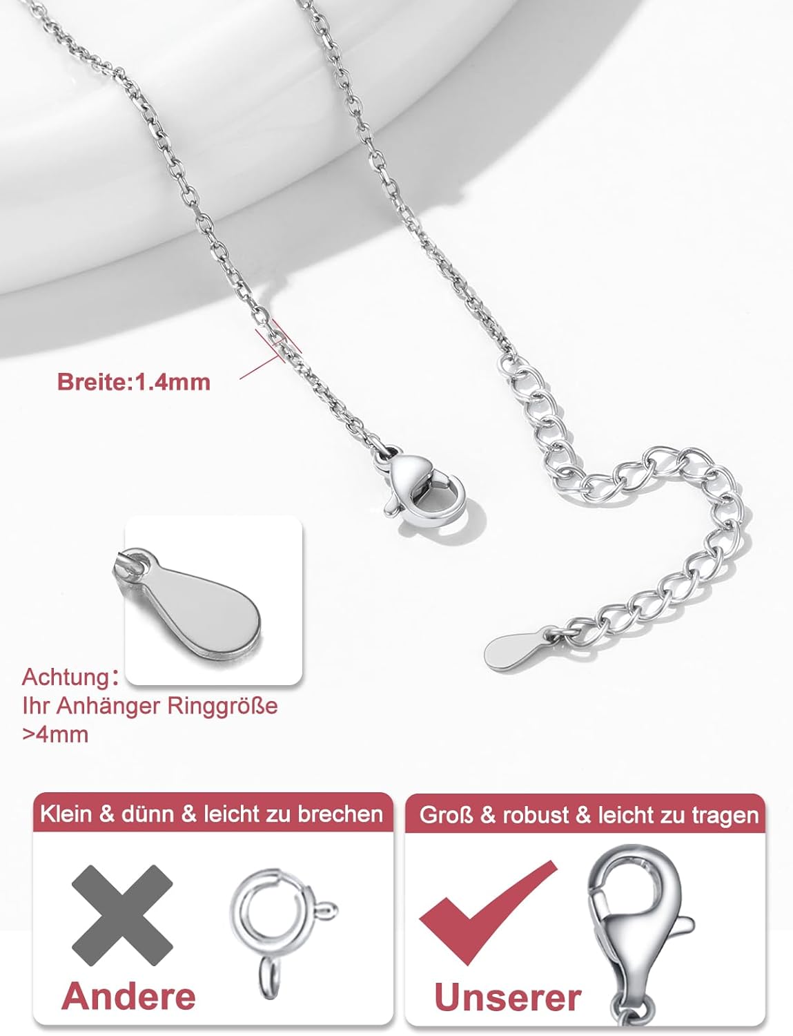 Thumbnail 3 de FOCALOOK Edelstahl Rolokette Damen 1,4/2 mm – verstellbare Halskette, Karabinerverschluss, 35–75 cm