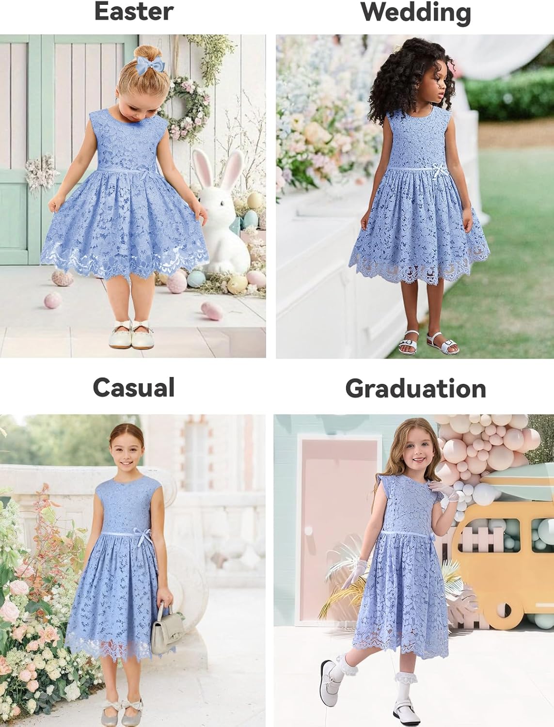 Detalle de ALLOVIN Kleid für Mädchen & Kleinkinder – Ostern Spitzenkleid mit Perlen-Schleife, A‑Linie, knielang, 2–12 Jahre