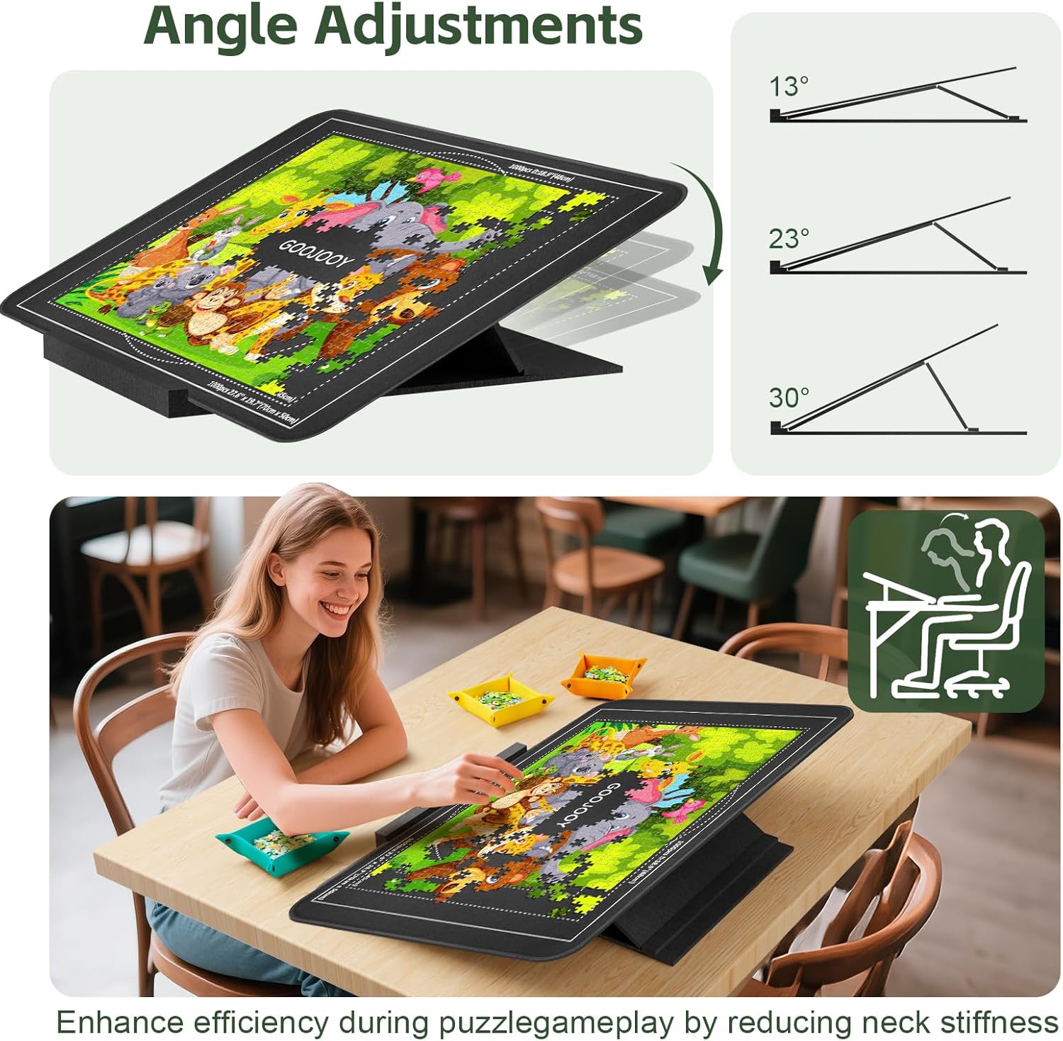Detalle de GOOJOOY Plateau Puzzle avec Support Réglable et Couvercle Protecteur – ensemble portable pour puzzles jusqu’à 1000 pièces