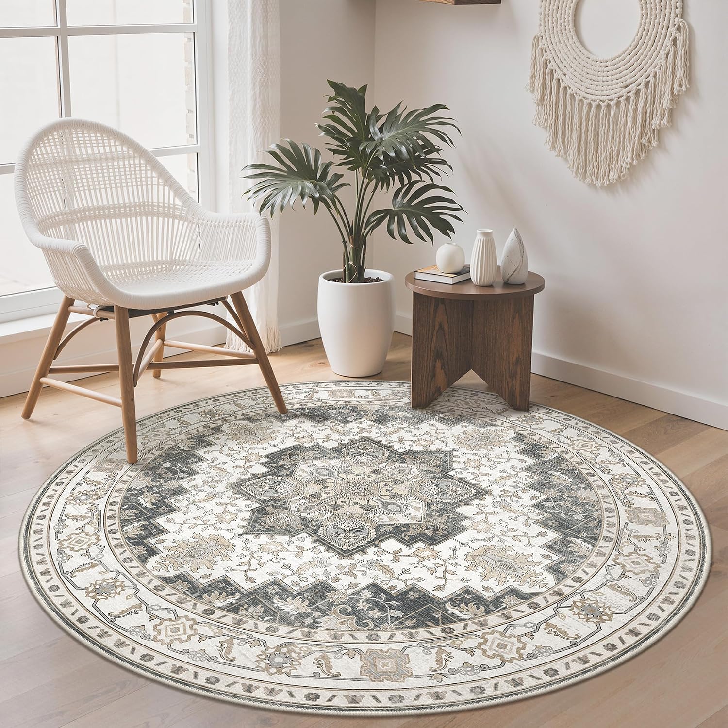 Detalle 2 de GENIMO Vintage Teppich Rund 160 cm – Waschbar, Boho/Vintage, rutschfest, rot