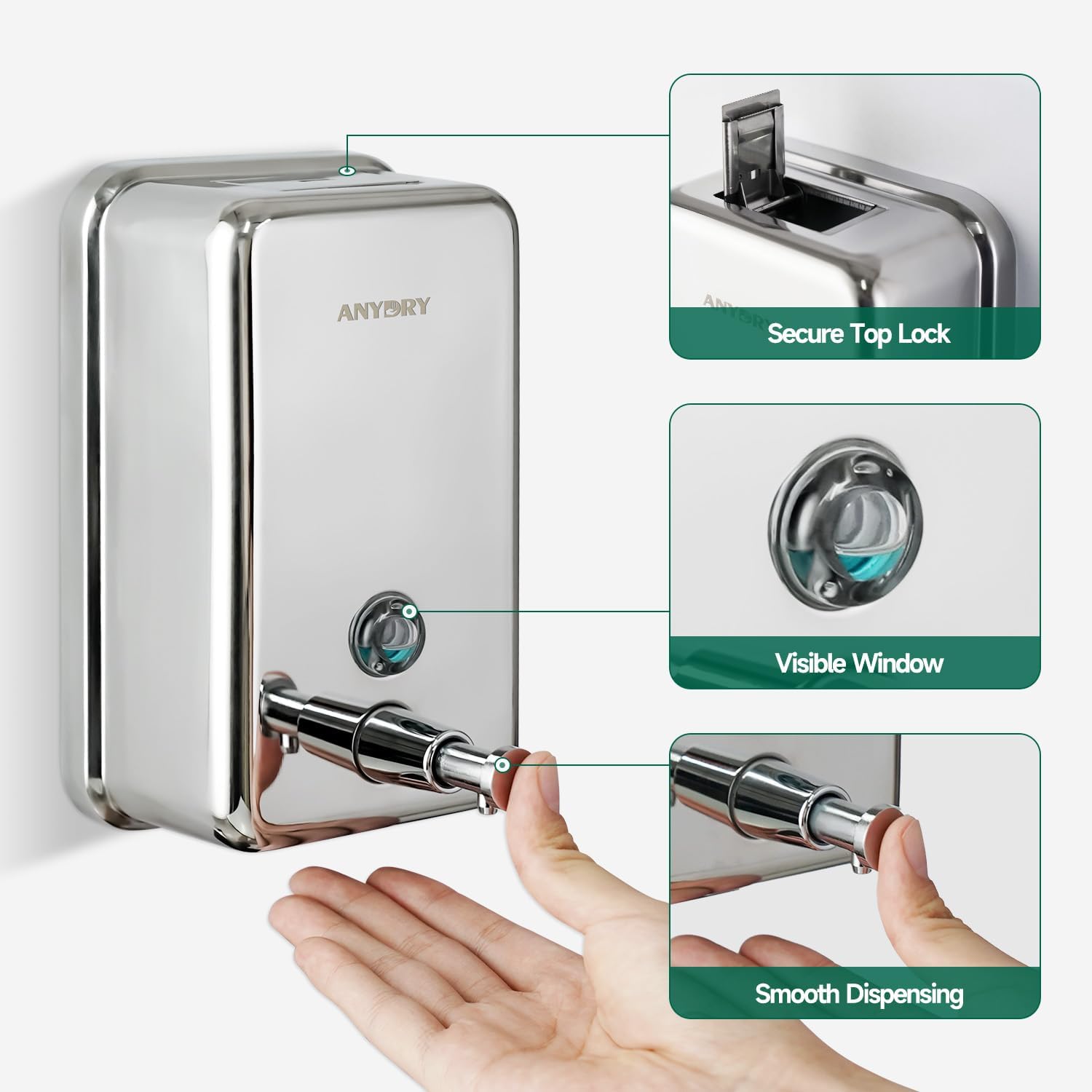 Detalle de anydry 1100ml Commercial-Grade Manual Soap Dispenser (Stainless Steel, Wall-Mounted)