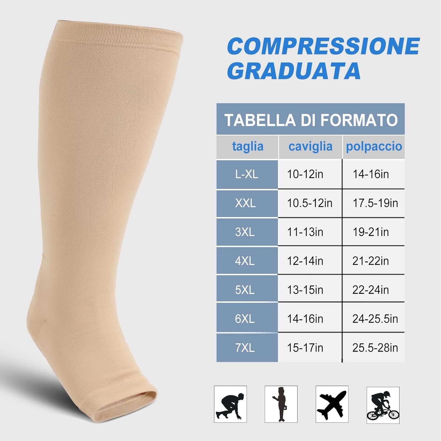Detalle de Calze a compressione graduata 20-30 mmHg unisex con cerniera e punta aperta (taglie forti)