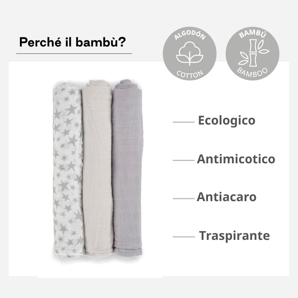 Detalle de Jané Set 3 Mussole Neonati 80x80 cm in Cotone e Bambù Naturale