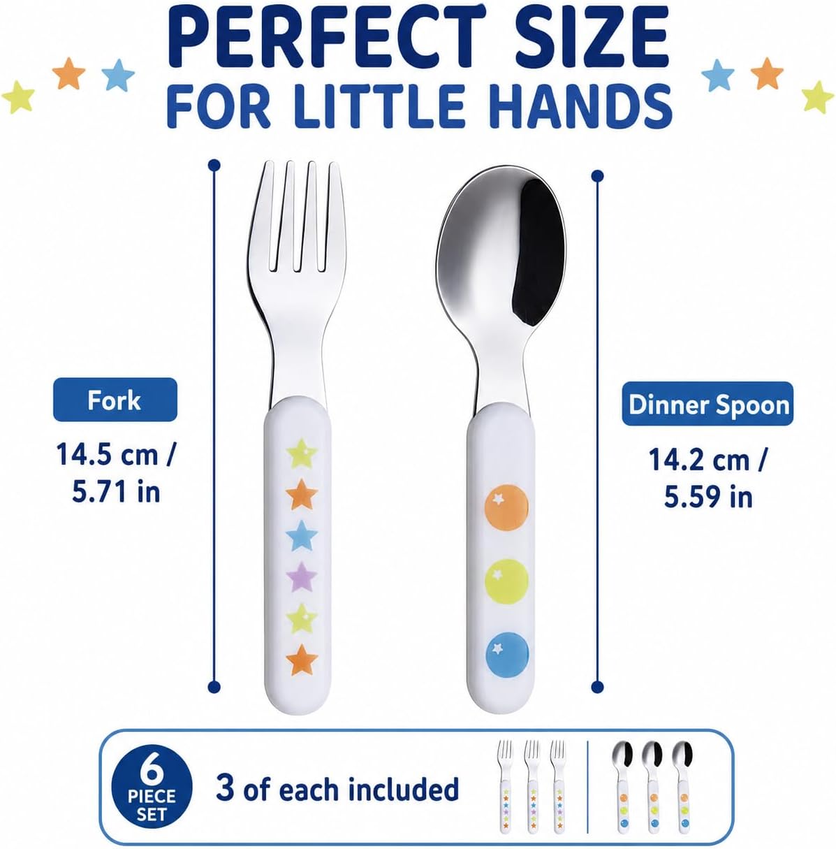 Detalle de Exzact WF16 6-Piece Kids’ Cutlery Set, 18/10 Stainless Steel, BPA-Free Handles
