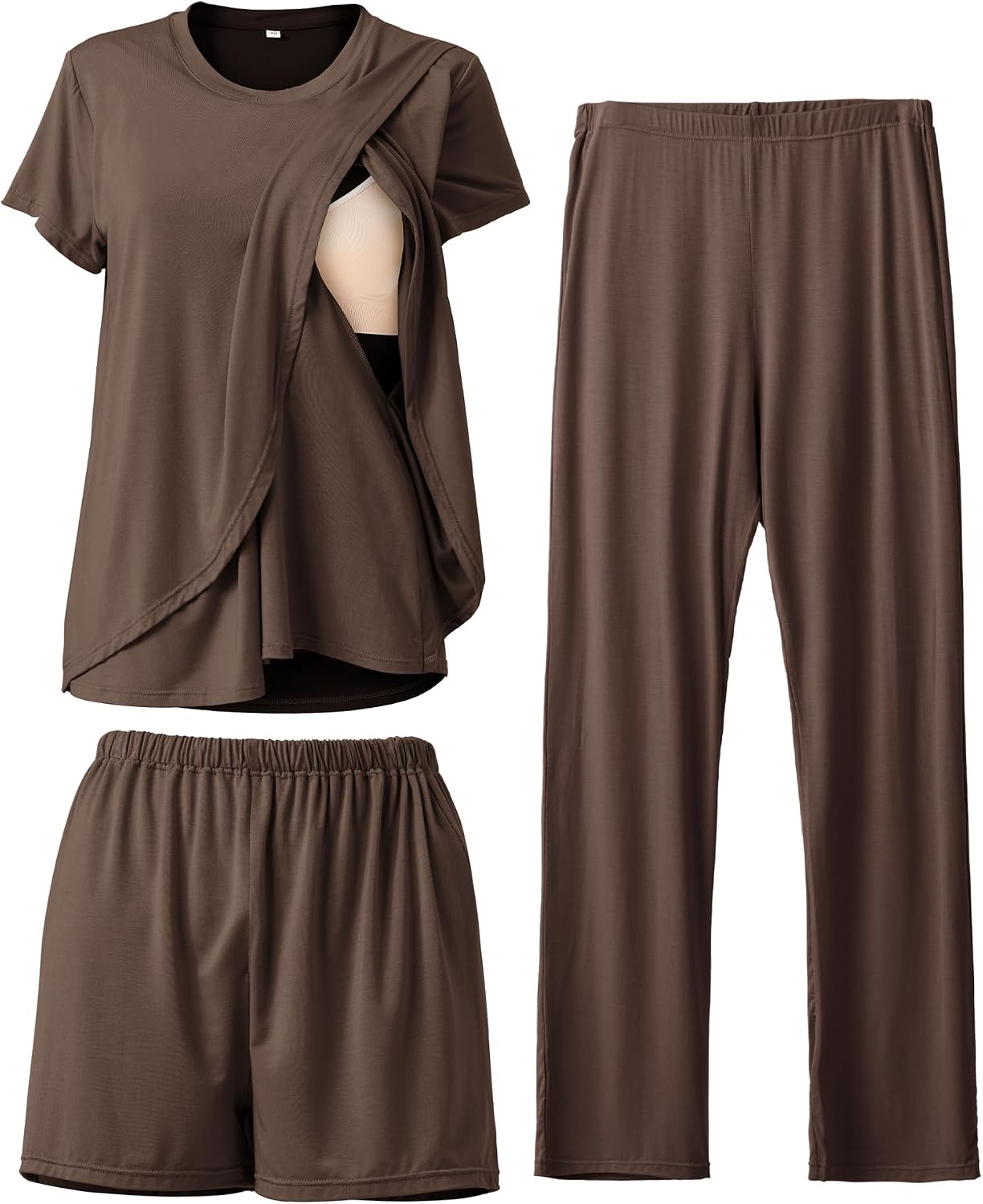 Thumbnail 6 de Rnxrbb 3-Piece Postpartum Nursing Pajamas Set (Short-Sleeve Top, Shorts, Long Pants) for Breastfeeding