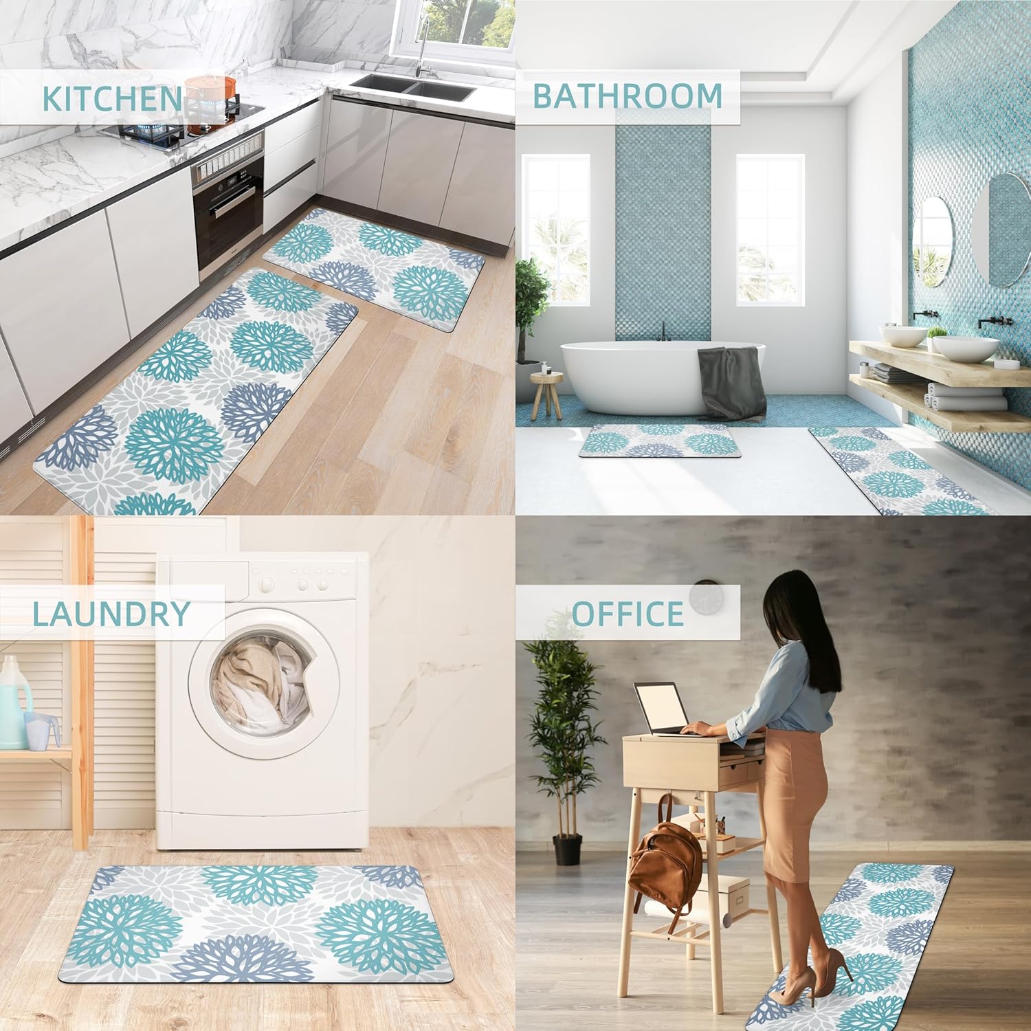 Thumbnail 5 de Teal Kitchen Mats Set of 2 Cushioned Anti-Fatigue Non-Slip Waterproof Runner Memory Foam Floor Mats