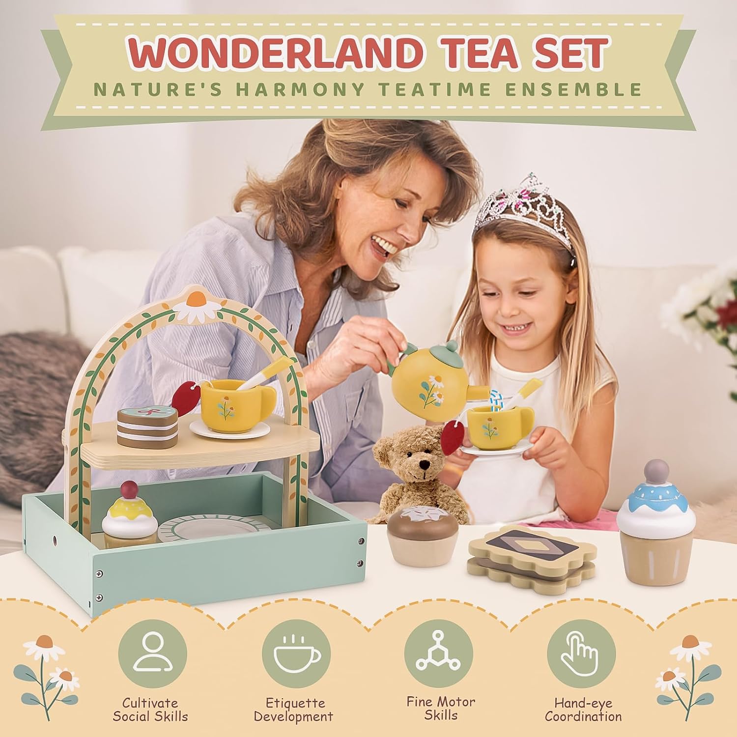Detalle 2 de A Wooden Tea Sets for Little Girls: Creative Play Set with Teapot, Cakes, and Stand