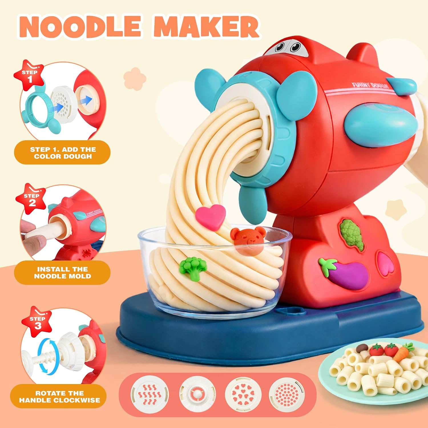 Detalle de Dreamon 3 in 1 Knete Dough Set – Spielküche Zubehör für Kinder ab 3 Jahren (12 Farben, Eismaschine, Nudelmaschine, Kuchenform)
