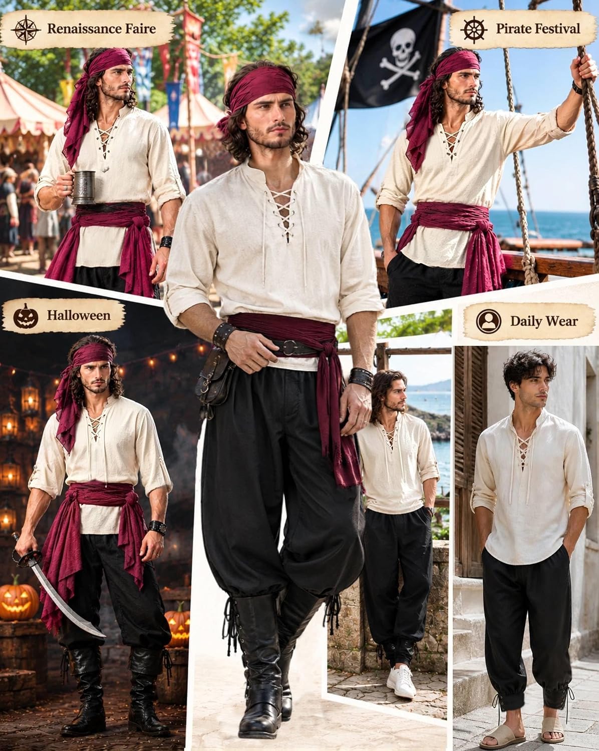 Thumbnail 5 de Men's Pirate Costume with Lace-Up Shirt, Pants, Sash, and 8 Pieces