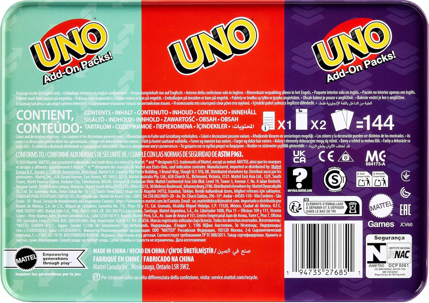 Detalle de Mattel Games UNO Card Game with 2 Add On Packs and Storage Tin