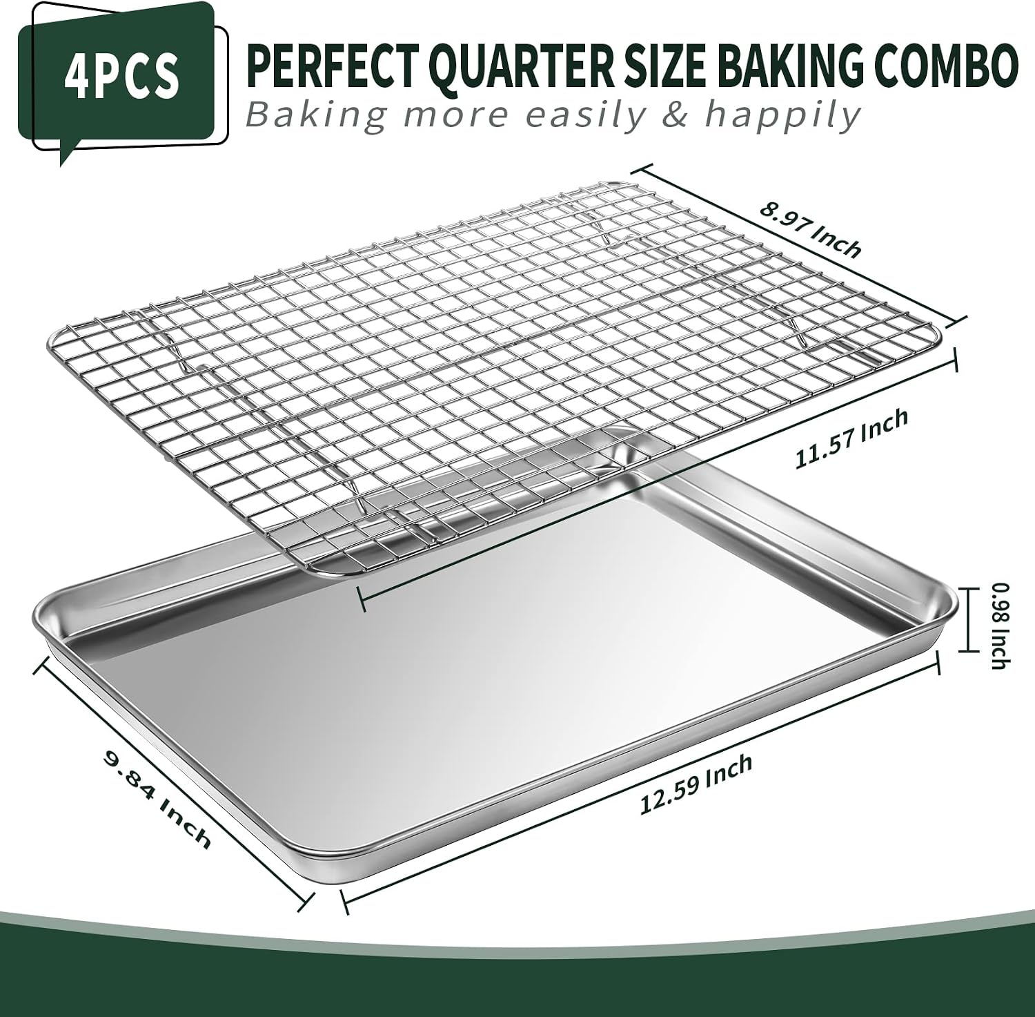 Detalle 2 de CEKEE Quarter Sheet Pan with Cooling Rack Set — 2 Baking Sheets + 2 Racks, Stainless Steel, 12 x 9.8 x 1 Inch