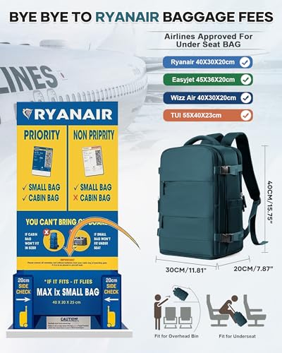 Thumbnail 1 de HPLQQ Mochila de cabina 40x30x20 para Ryanair (impermeable, apertura 180°, azul pavo real)