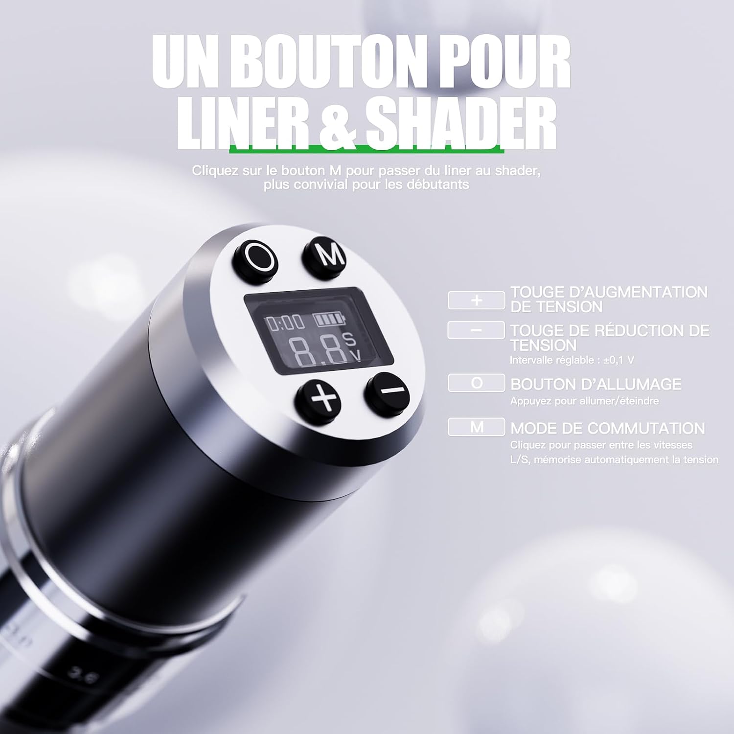 Detalle de Dragonhawk Stylo de tatouage sans fil rotative — 1500 mAh, course réglable 2,4–4,2 mm, LED, pour débutants