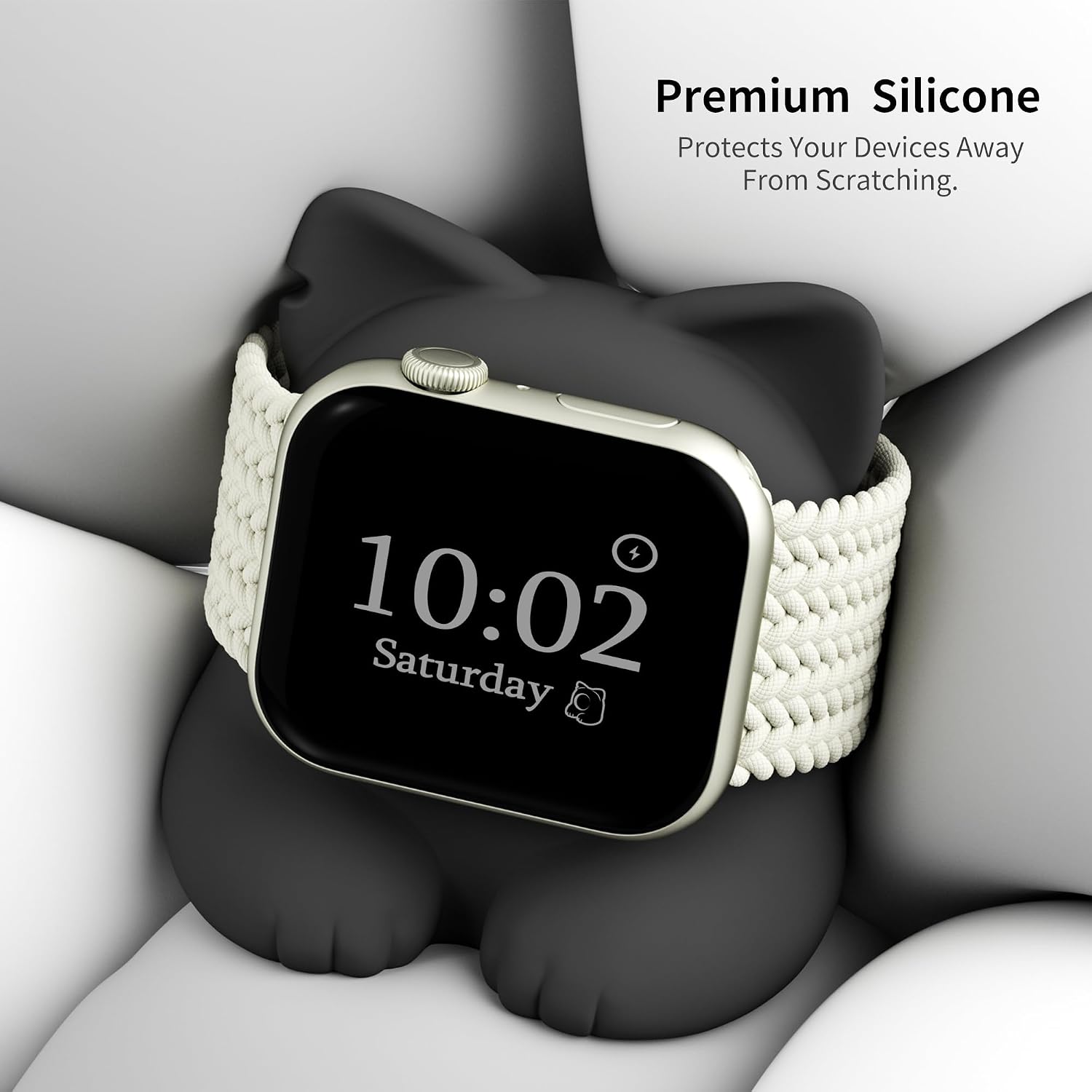 Detalle de ELETIUO Watch Charger Stand (Silicone) for Apple Watch Series 49–38mm – Black kitten bedside dock