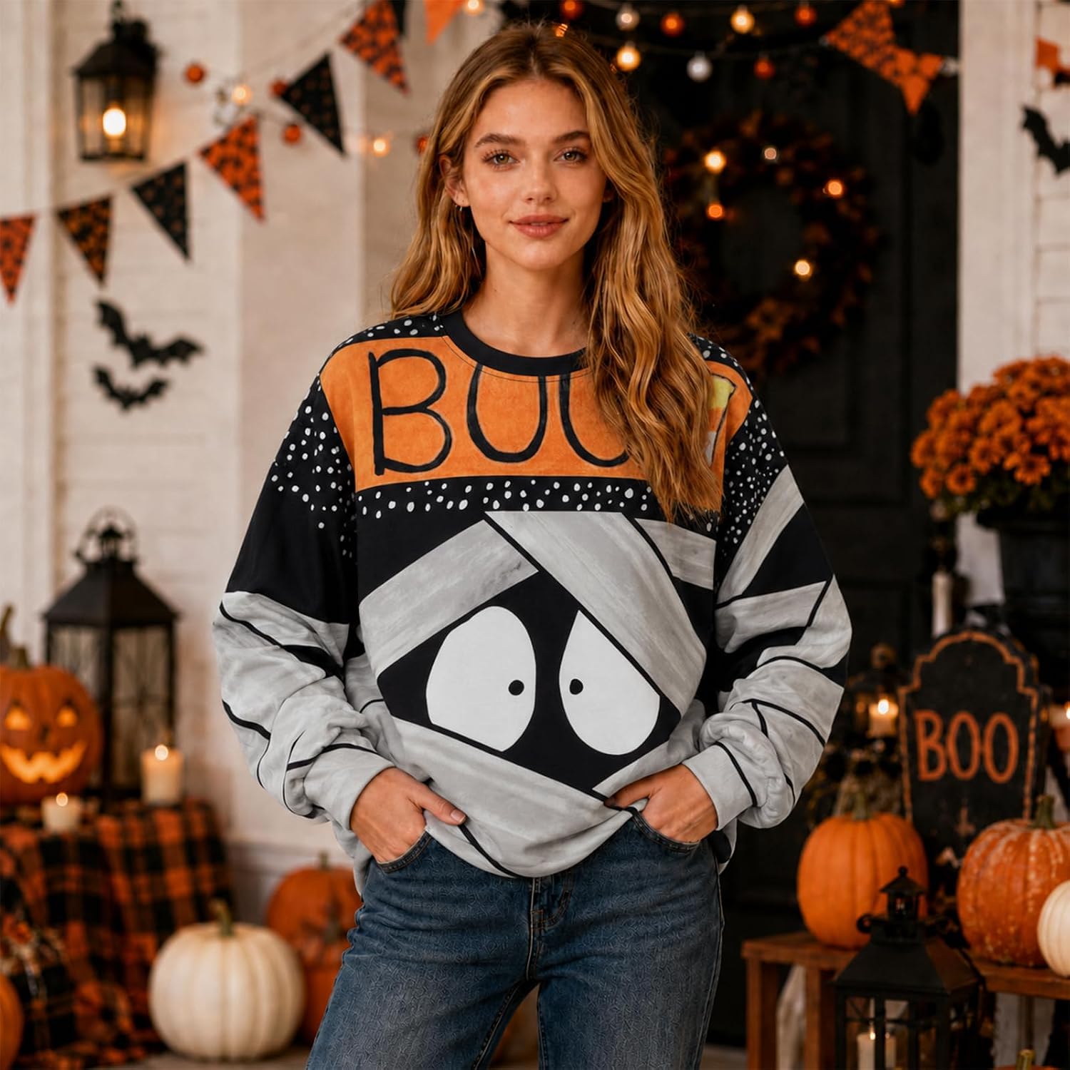 Detalle de SUPEYA Spooky Season Ghost Sweatshirt for Women, Long-Sleeve Pullover