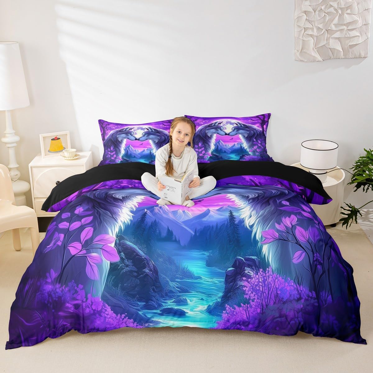 Thumbnail 3 de Homewish Wolf Bettwäsche-Set 135x200 cm lila mit Motiv (Wolf, Mond & Wildtiere)