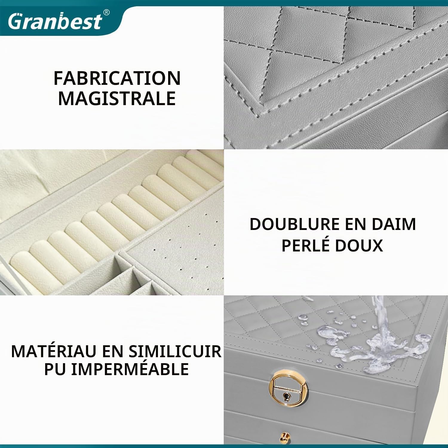 Thumbnail 3 de Granbest Boîte à bijoux à 3 niveaux avec 2 tiroirs – Coffret cuir Gris