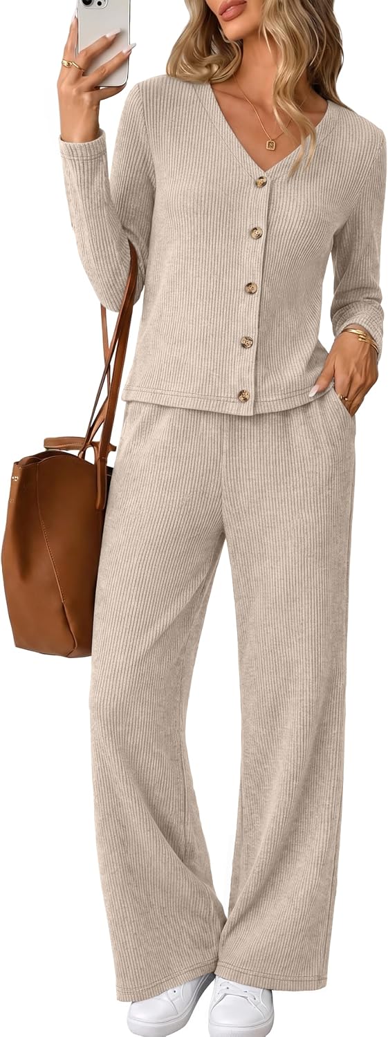 Detalle de WIHOLL Women's Ribbed Knit Loungewear Set