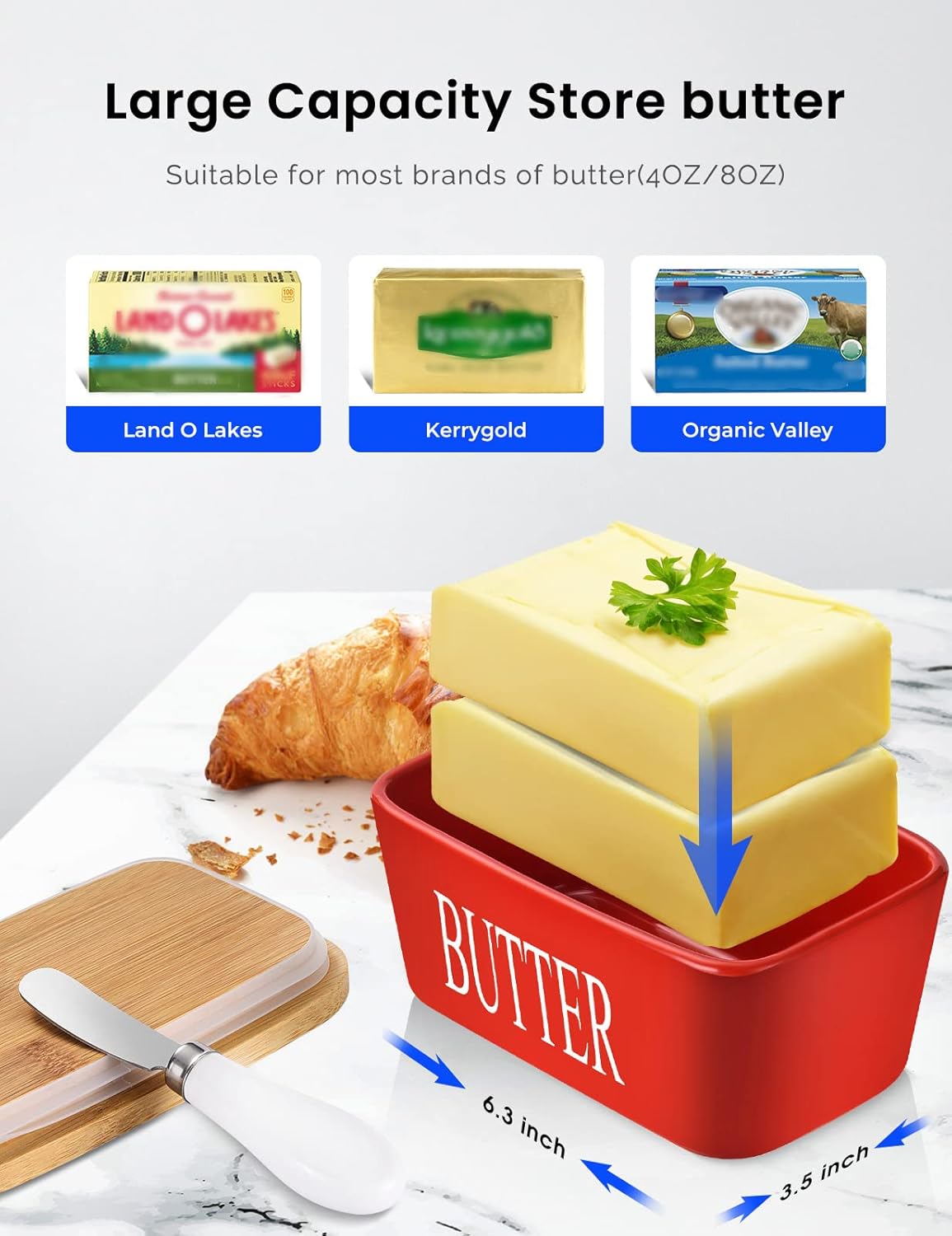 Thumbnail 1 de Large Butter Dish with Lid (Porcelain Butter Container with Knife Holds 2 Sticks) – Red