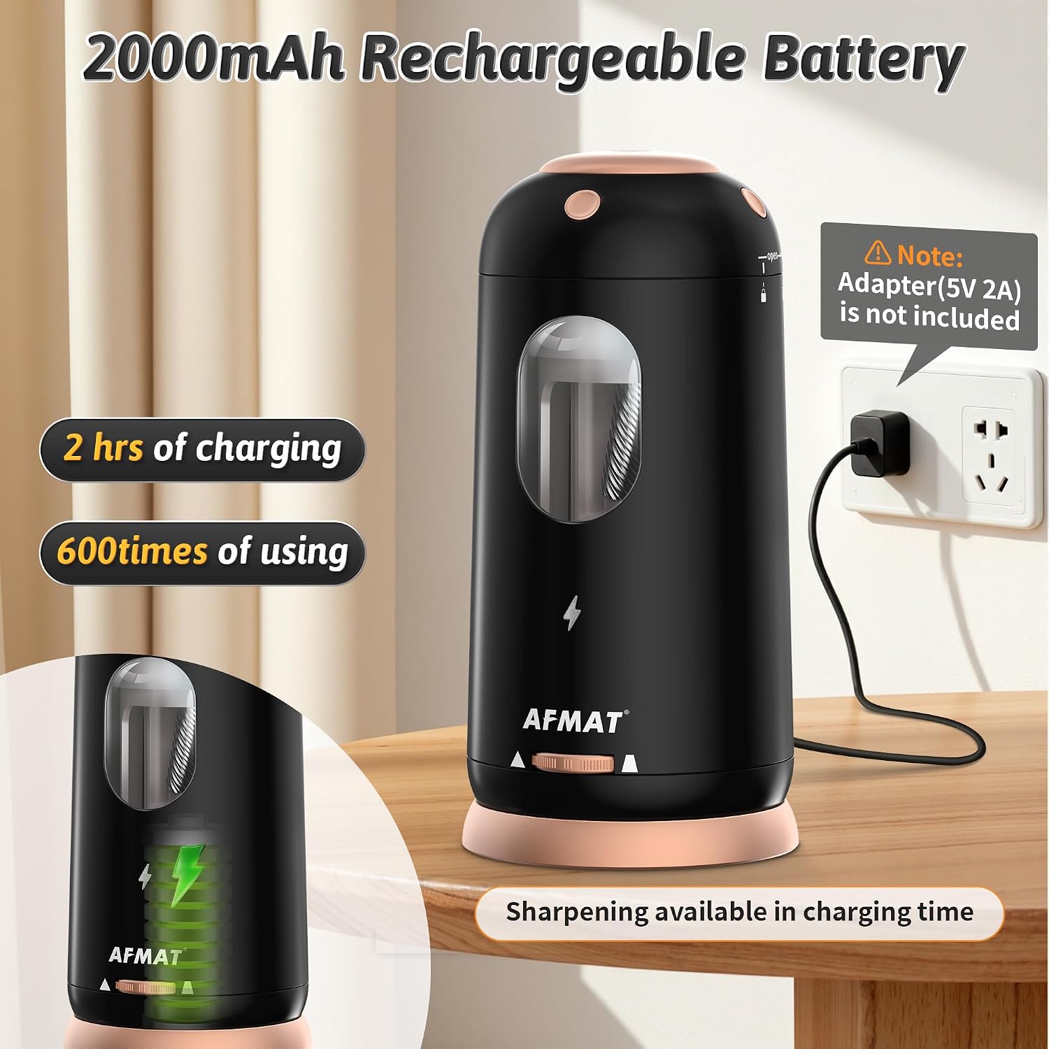 Thumbnail 4 de AFMAT PSC8 Electric Pencil Sharpener, Rechargeable, Automatic, 7–11.5 mm