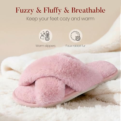Detalle de Ankis Women's Pink Fuzzy Fluffy Slippers Size 9/10 UK Memory Foam, Cross Band Open Toe