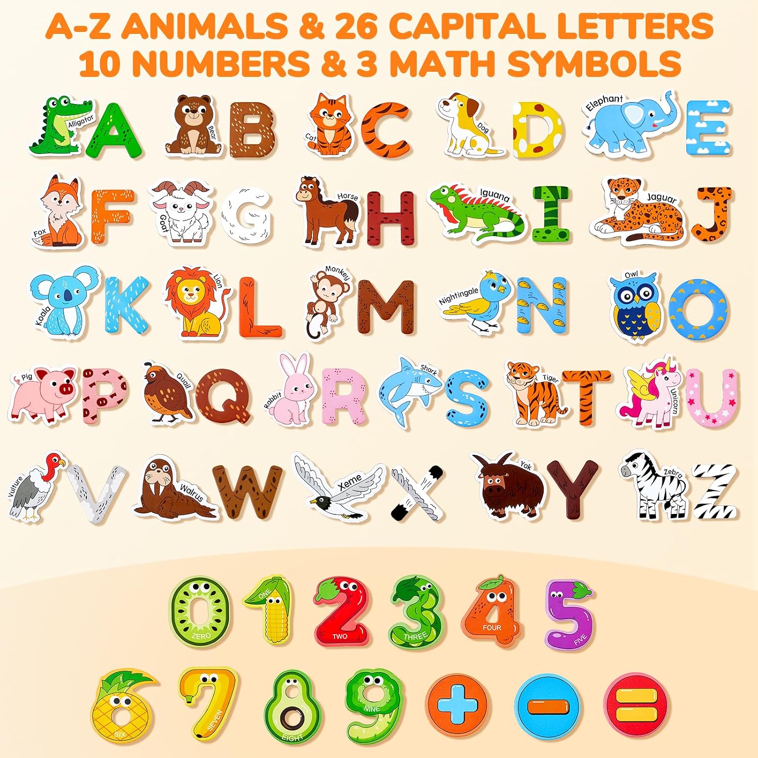 Thumbnail 1 de JoyCat Wooden Kids Magnets (26 Animals, Uppercase Letters, 0-9 Numbers, 3 Math Symbols) for Toddlers