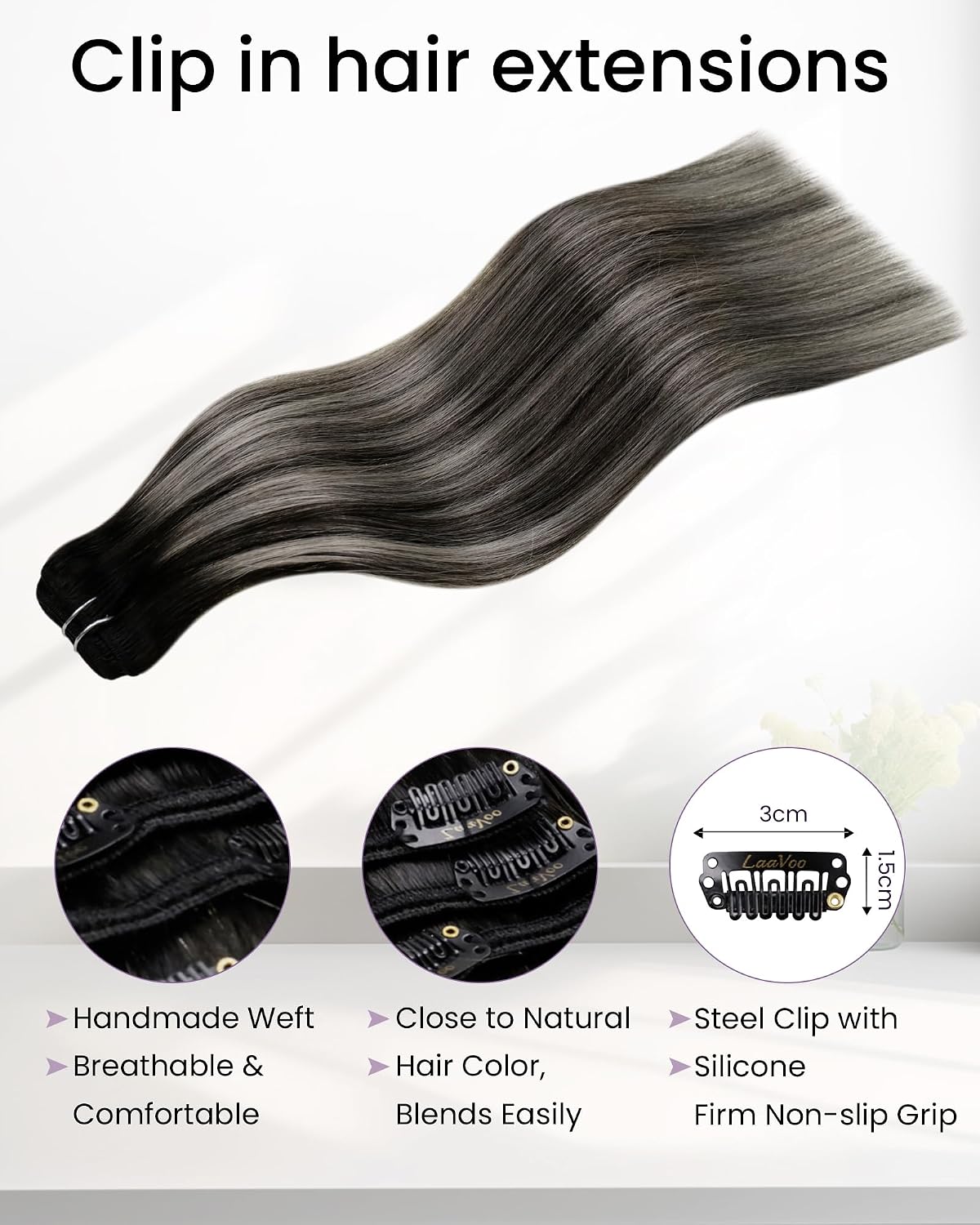 Detalle de LaaVoo 18-Inch Clip-In Human Hair Extensions, 7-Piece, Silver Grey Balayage