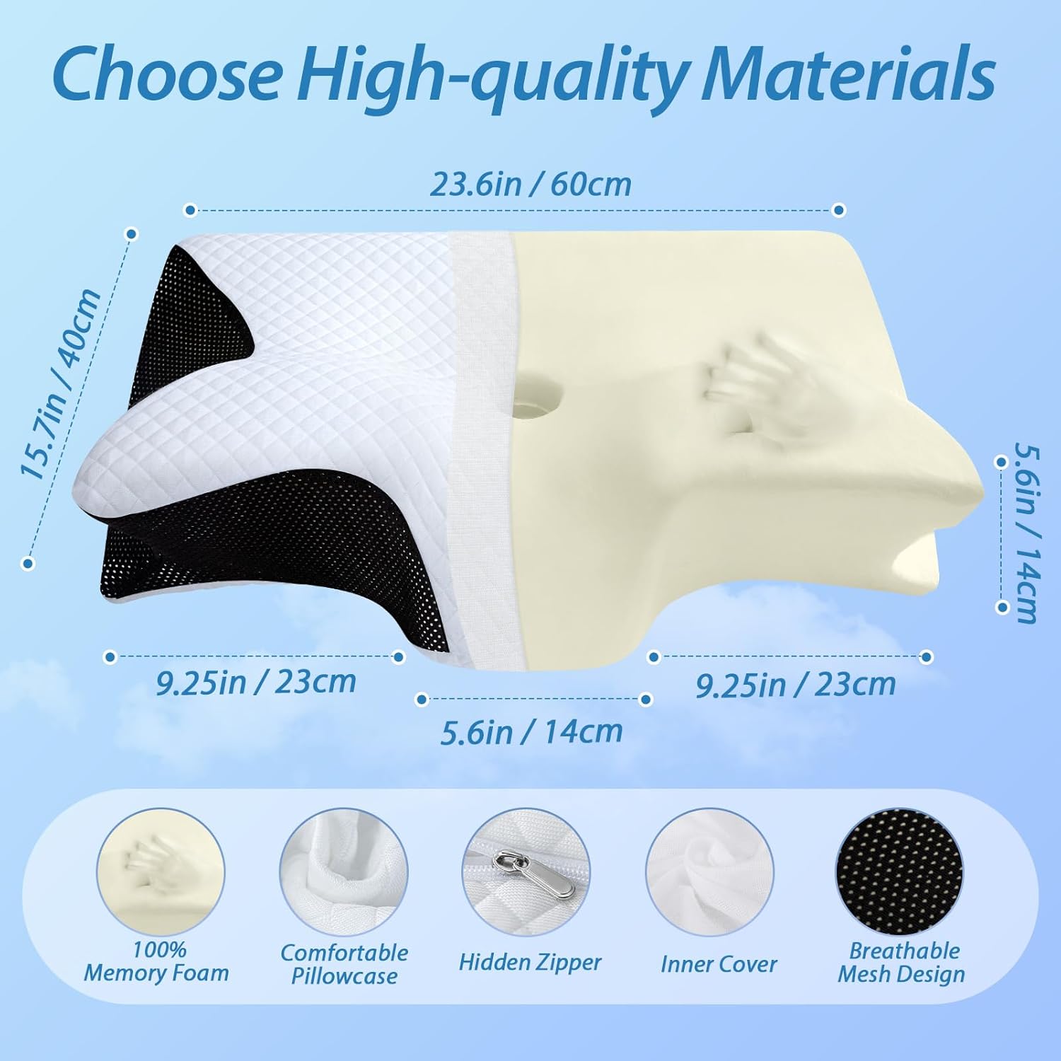 Detalle 2 de HOMCA 2-in-1 ergonomisches Nackenkissen aus Memory Foam (60x40x12/14 cm), Schwarz