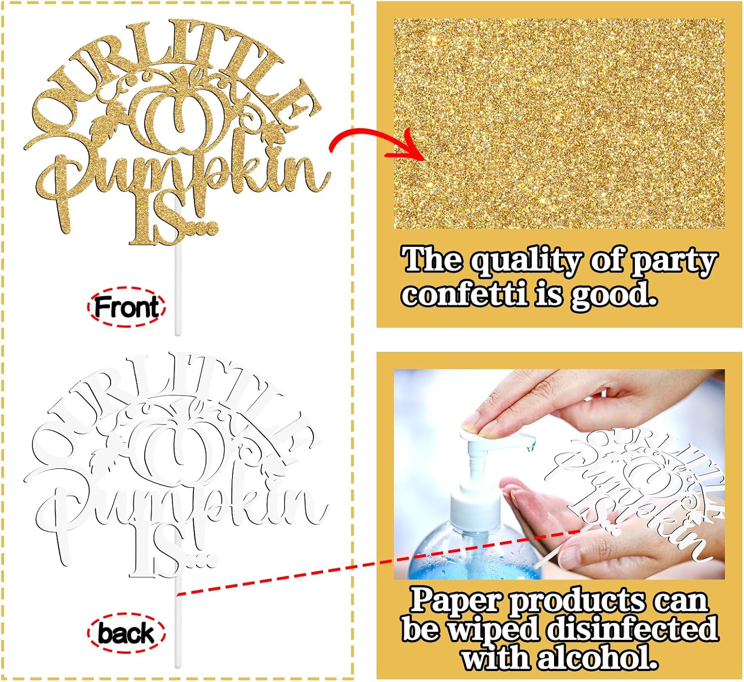 Detalle 2 de NARLOPI I-0241 Little Pumpkin Cake Topper, Gold Glitter Paper, 4-Inch