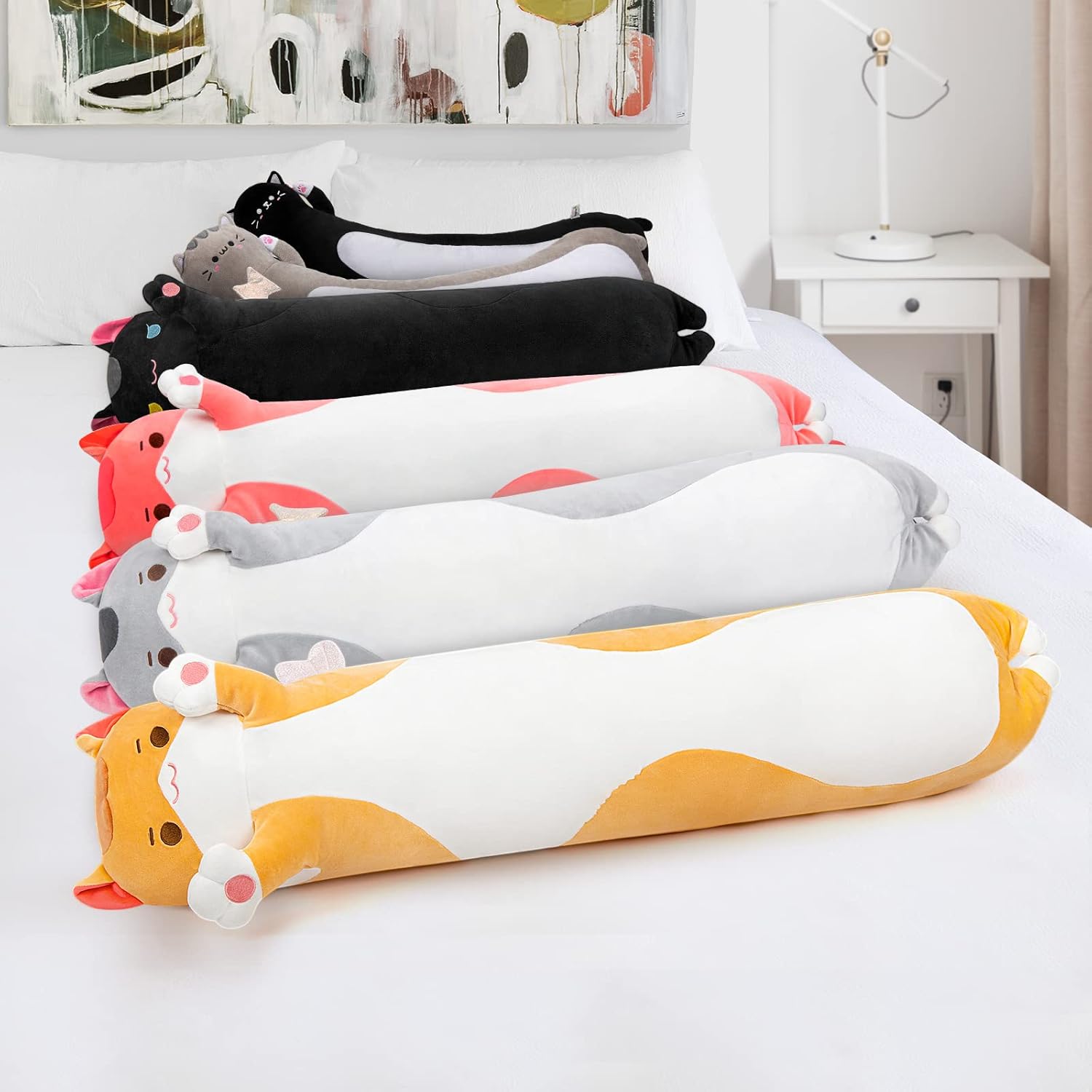 Detalle 2 de Mewaii Langes Katzen-Plüschkissen – 50 cm, weiches oranges Katzenkissen, Kuscheltier und Schlafkissen
