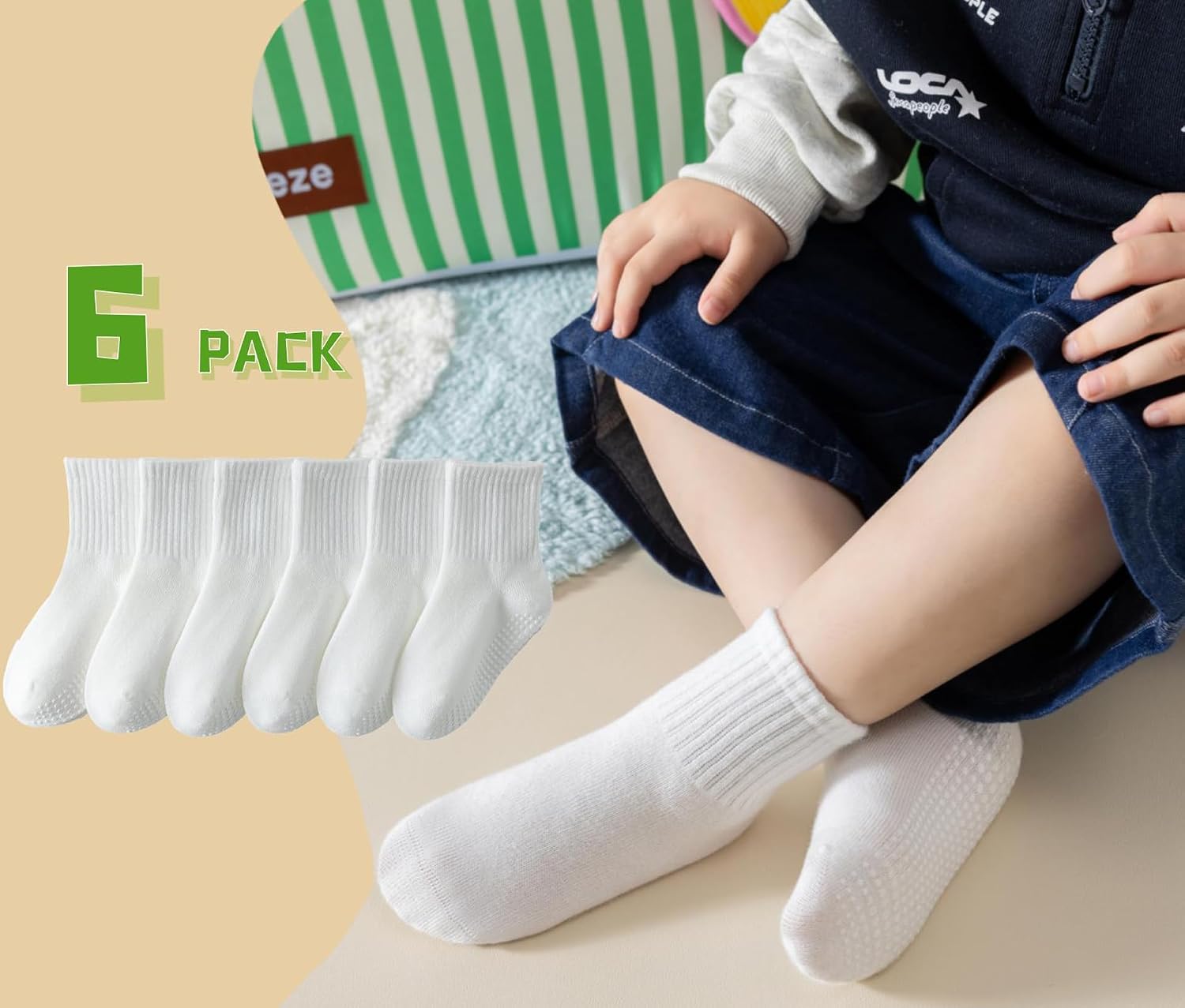 Detalle de Wamvp Toddler Grip Socks, Cotton Crew with Seamless Toe, 6 Pairs