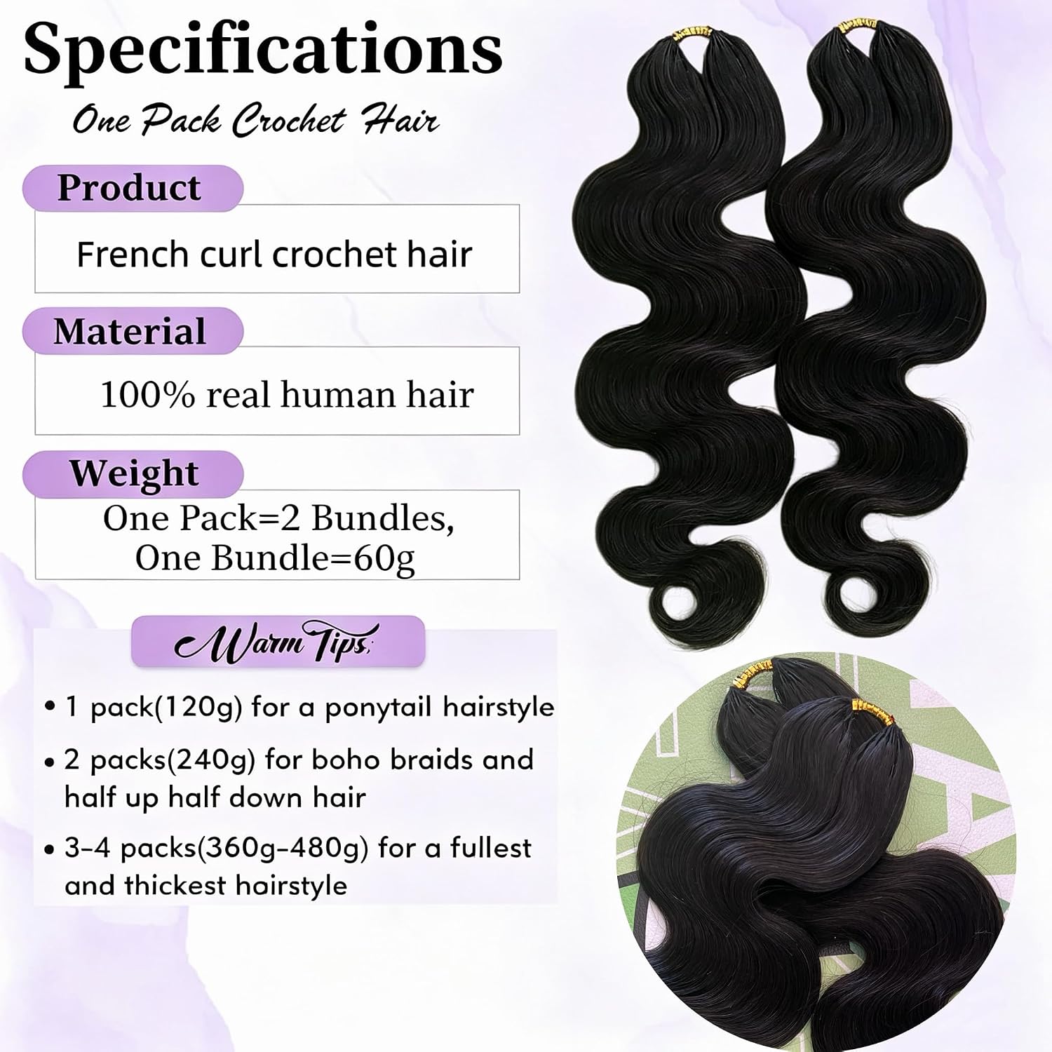 Detalle 2 de Body Wave Feather Crochet Human Hair Extensions - 2 Pack, 16 inch, 120g