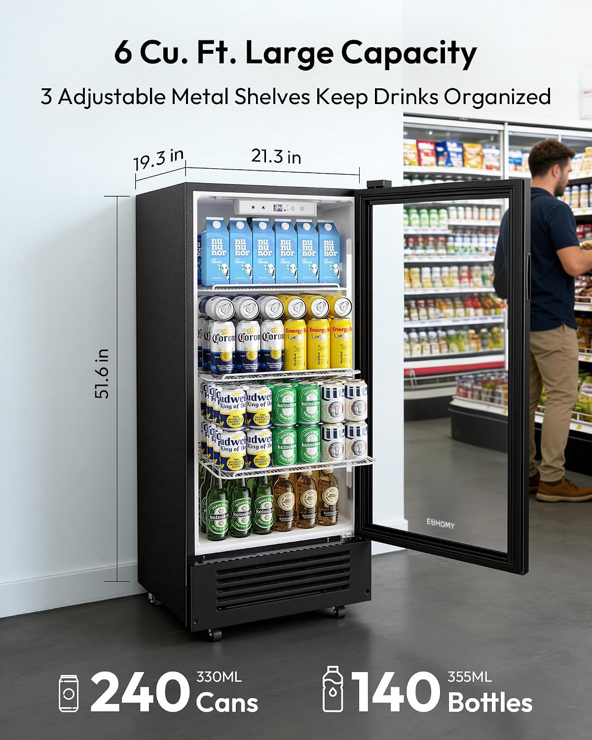 Detalle de EUHOMY CDR004-6 Beverage Refrigerator, 6 Cu. Ft., Glass Door and Lock