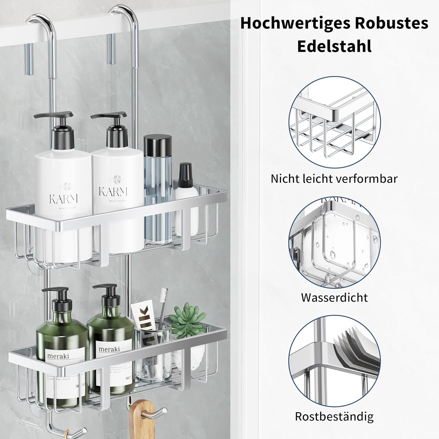 Thumbnail 4 de Pickpiff Rangement Douche — Étagère à suspendre, porte-gel et shampoing en acier inoxydable argenté, hauteur 57,5 cm