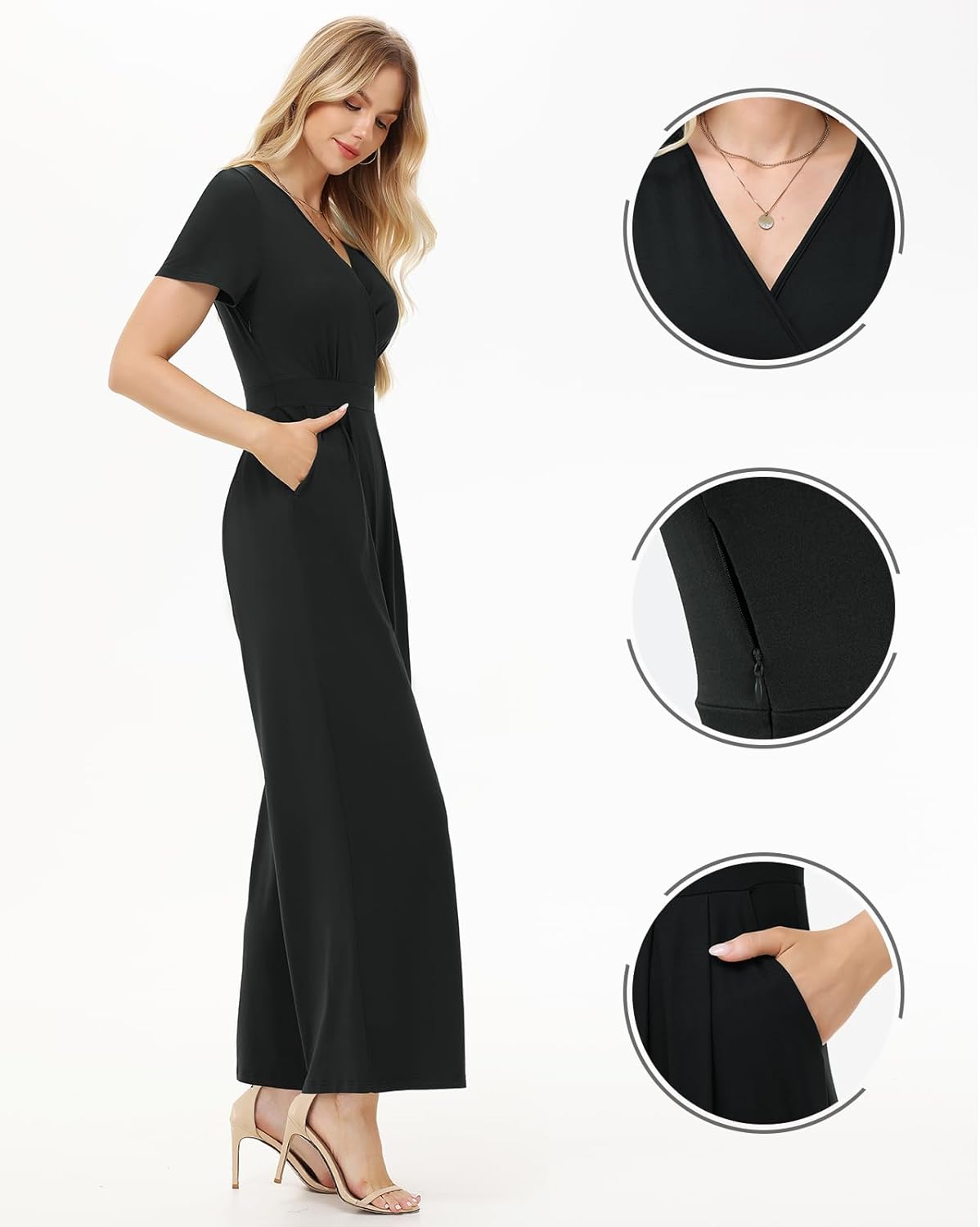 Thumbnail 2 de Tanmolo Damen Jumpsuit Elegant Sommer – Kurze Ärmel, V-Ausschnitt, weitem Bein, Taschen, High-Waist