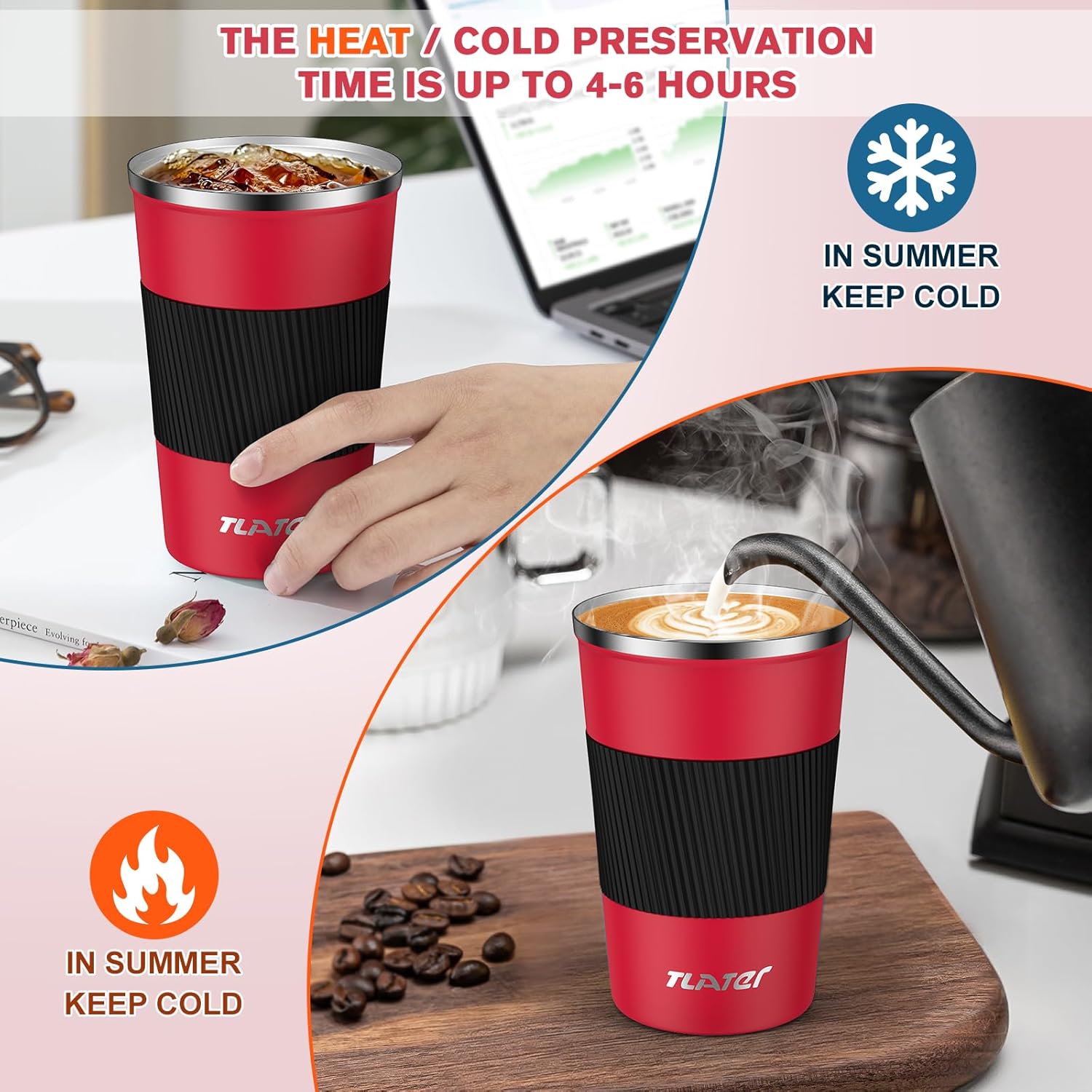 Detalle de 380ml Insulated Travel Mug – Double Walled Vacuum Stainless Steel, Leakproof Lid
