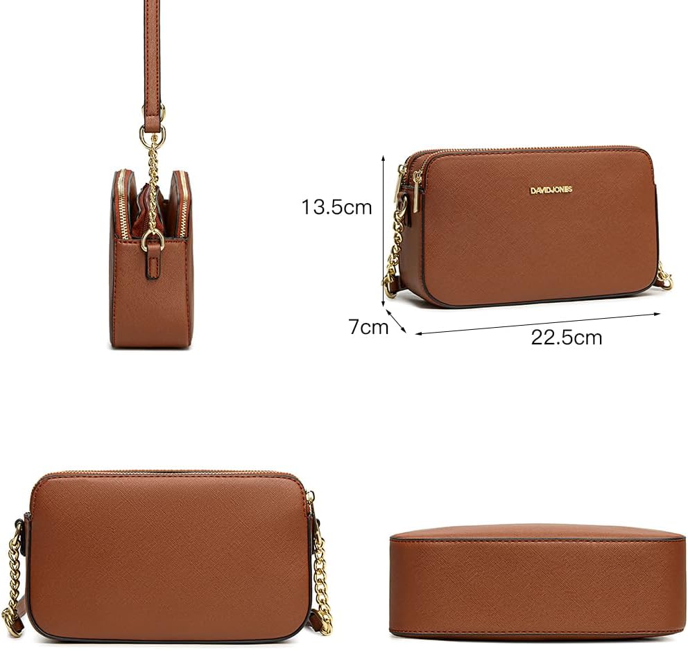 Thumbnail 3 de Petit sac bandoulière David Jones en cuir PU rigide marron cognac – pochette téléphone à chaînes, 3 compartiments